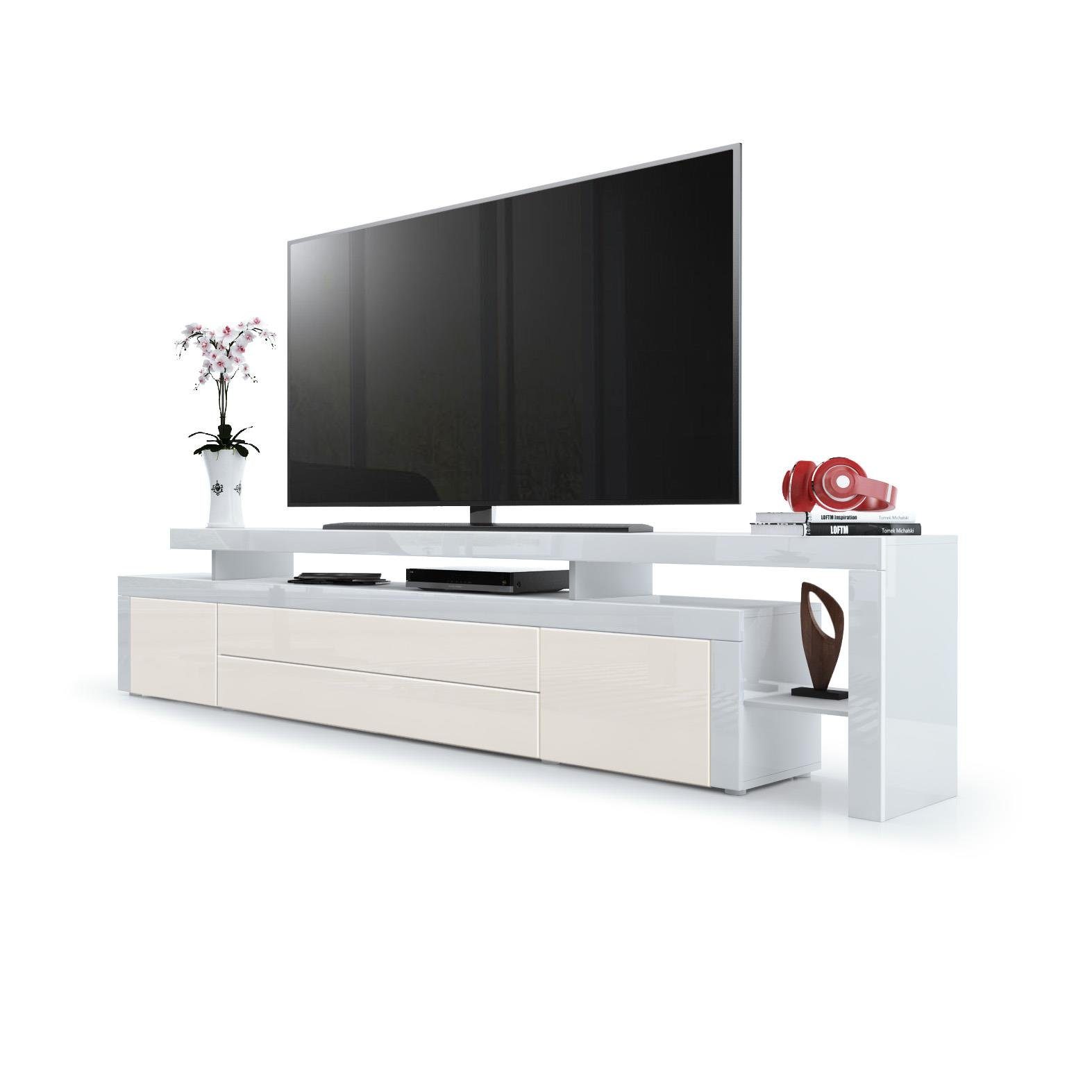Vladon Lowboard Leon (TV-Kommode, mit zwei Türen, zwei Schubkästen und einem modernen Überbau), Creme Hochglanz/Weiß Hochglanz (227 x 52 x 35 cm)