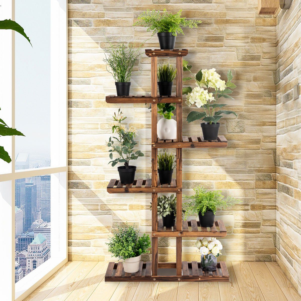 COSTWAY Nachttisch, 6-stöckiges Pflanzenregal, 75x25x140cm, Tannenholz günstig online kaufen