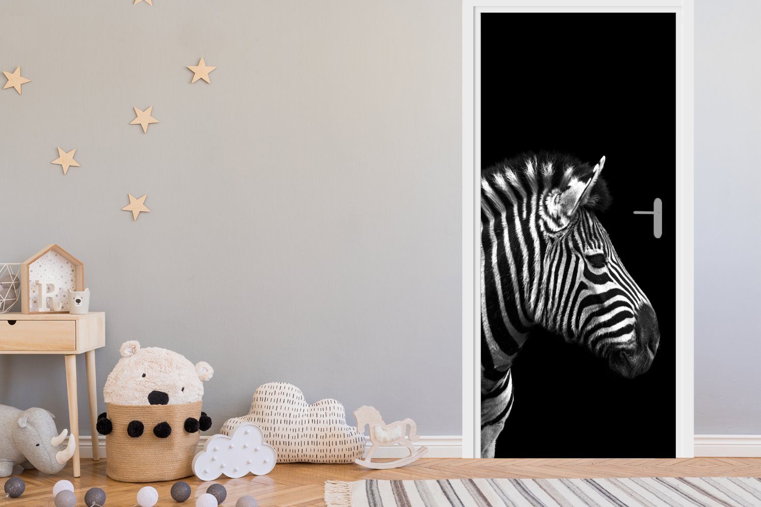 cm Fototapete - für MuchoWow 75x205 St), Zebra bedruckt, Schwarz Porträt Türaufkleber, - Matt, (1 Weiß - Türtapete Tiere, - Tür,