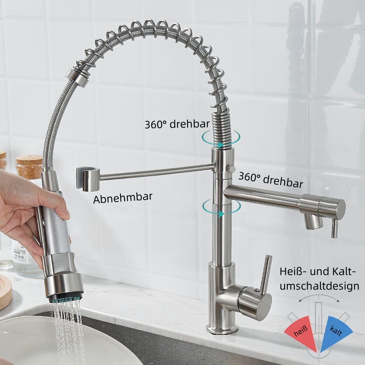SEHAUSEU Küchenarmatur Wasserhahn Küche Bad Spültischarmatur Waschtischarmatur abnehmbar Hochdruckarmatur – Bild 4 von 5