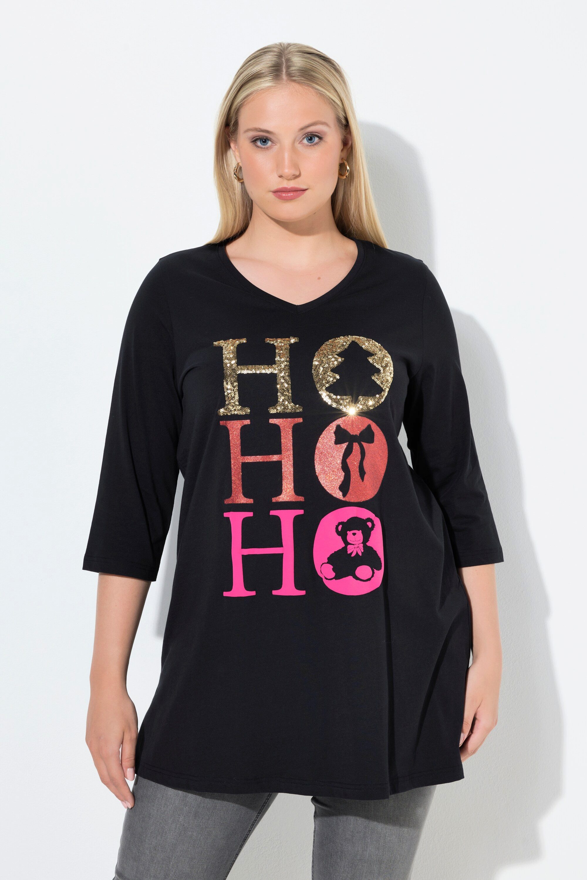 Ulla Popken Longshirt Longshirt Ho Ho Ho A-Linie V-Ausschnitt Langarm