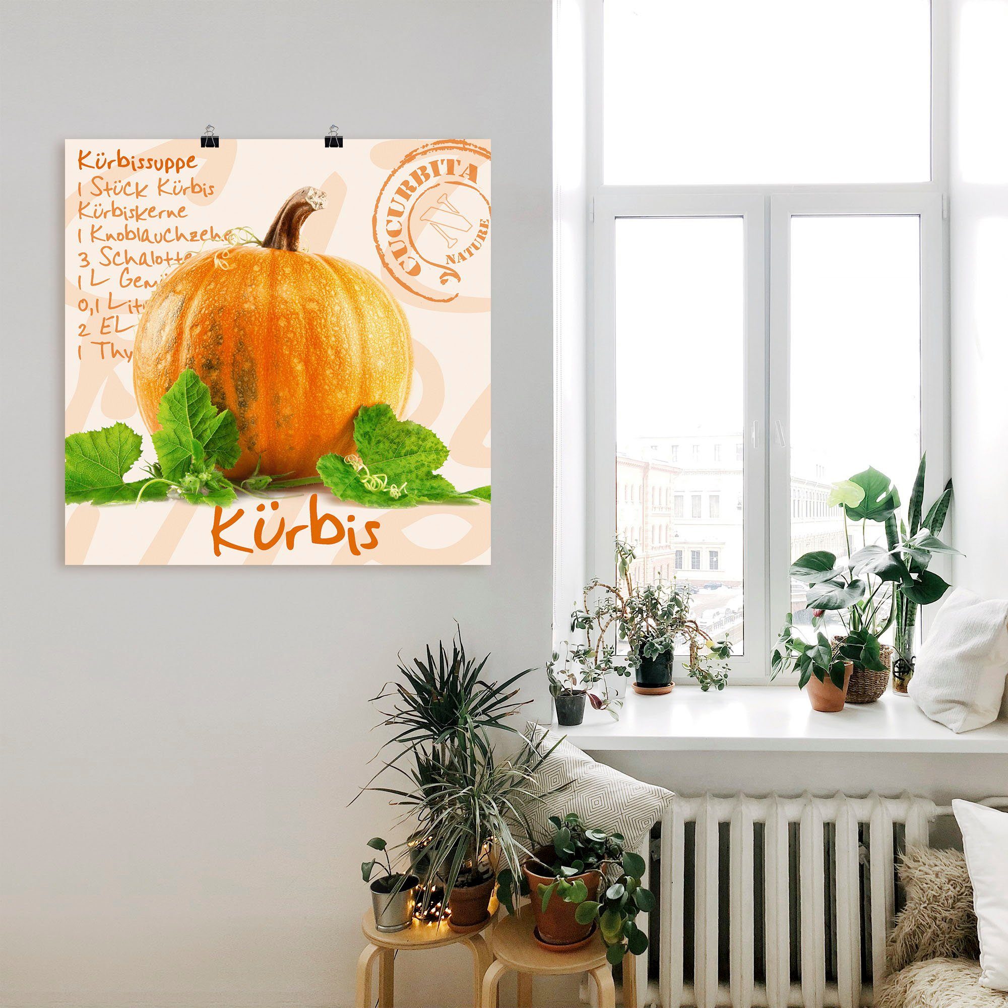 Artland Poster Gelber Kürbis mit grünen Blättern, Lebensmittel (1 St), ohne Rahmen