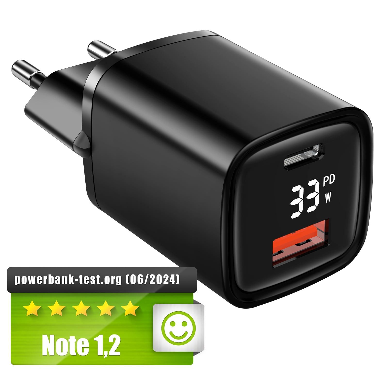 EAXUS 33 Watt USB-A + USB-C Netzteil mit Schnellladefunktion und Display USB-Ladegerät (4000,00 mA, optional inkl. Schnellladekabel, USB Power Delivery + QC4.0 Schnellladung, zeigt Ladegeschwindigkeit)