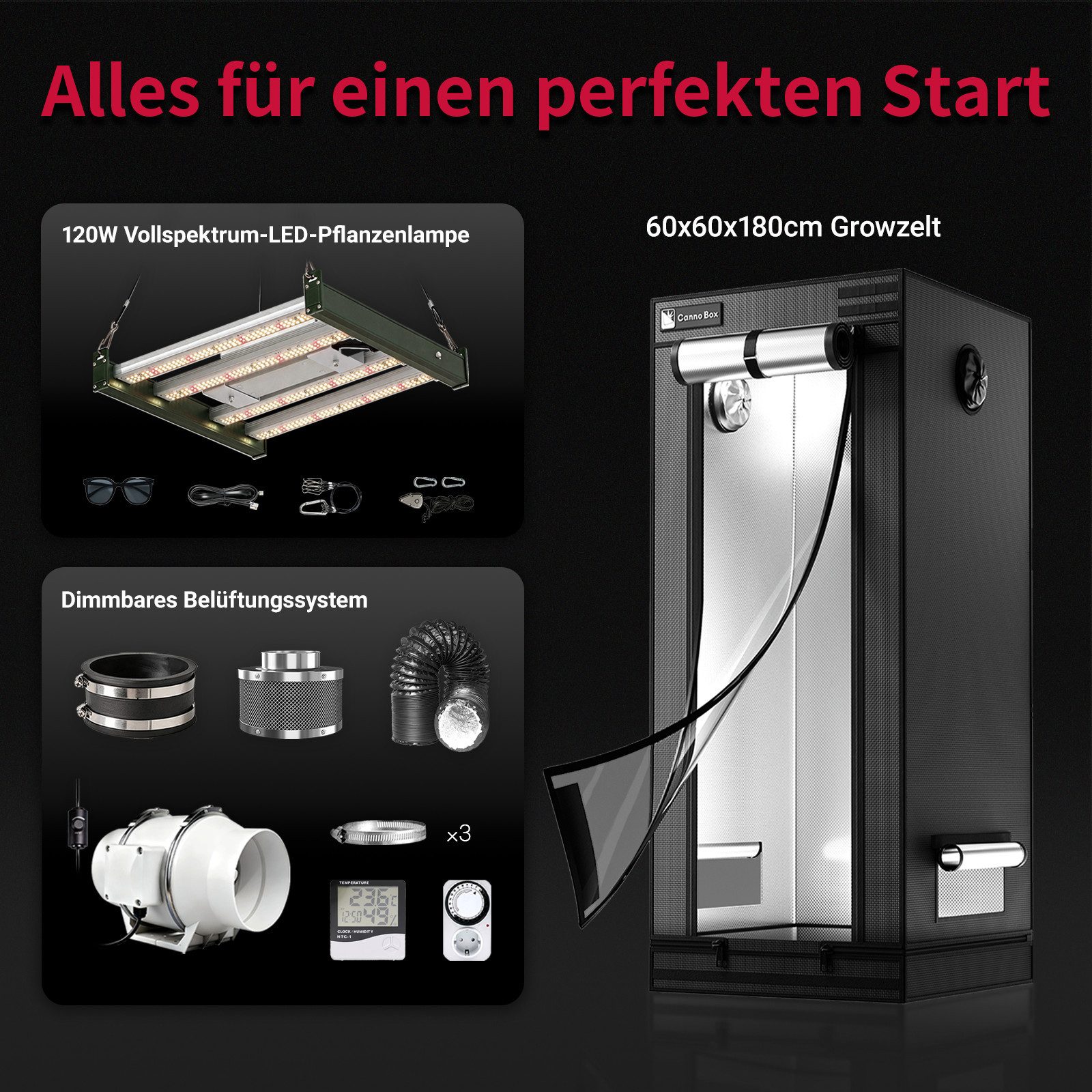 CannoBox Gewächshaus CannoBox Growzelt 100mm Abluft Komplett Set Pflanzenlampe – Bild 3 von 5