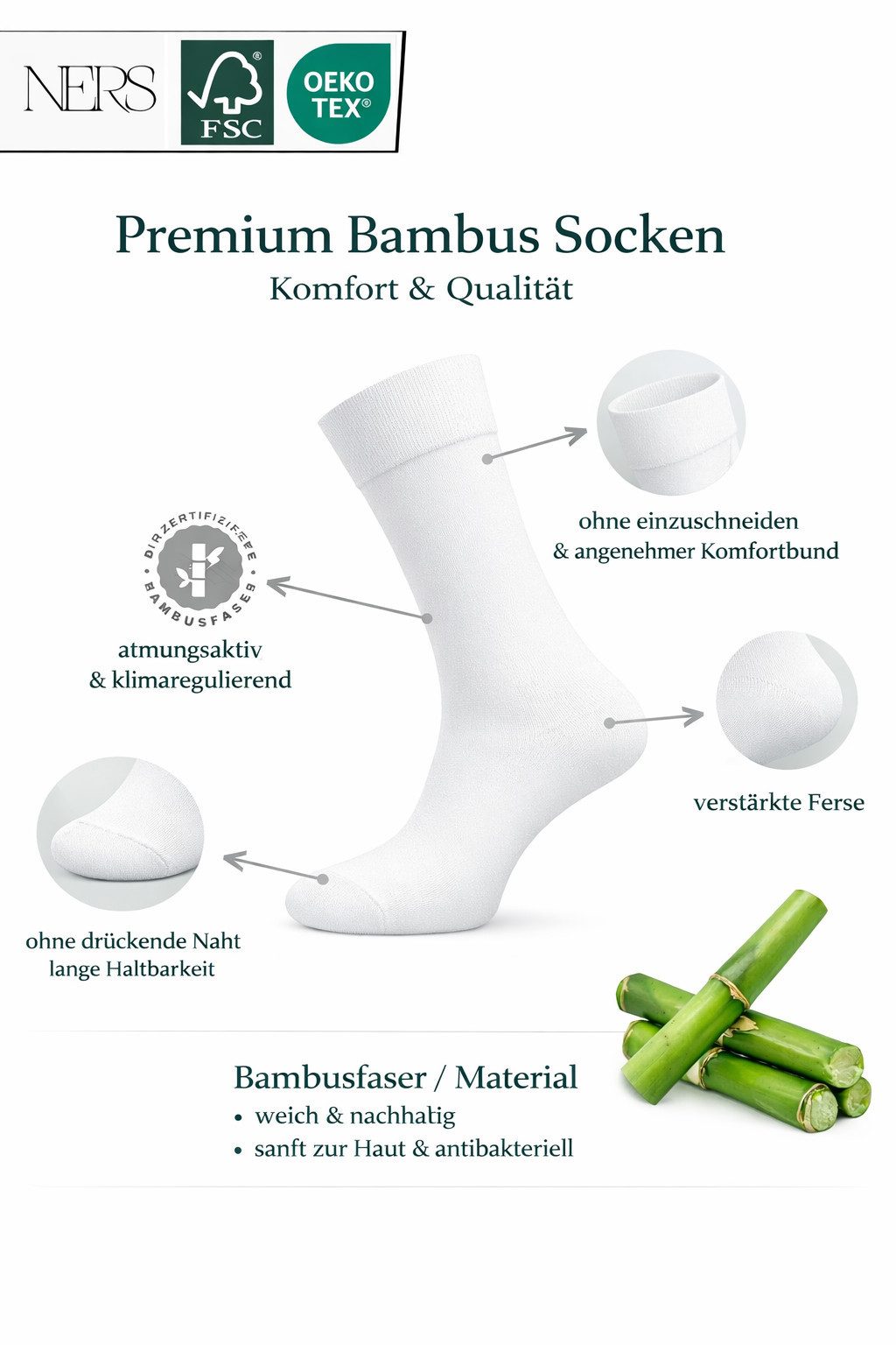 NERS Basicsocken 6 Paar Socken aus Bambus Damen & Herren, ohne Naht, Komfortbund (6-Paar) Premium Bambussocken Atmungsaktiv, & Weich, Geschenkbox