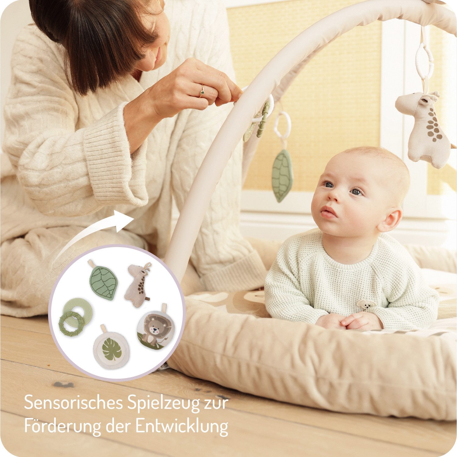 MoMi Spielmatte Luani, Spielmatte mit Spielbogen, Sensorik-Spielzeug & Spiegel