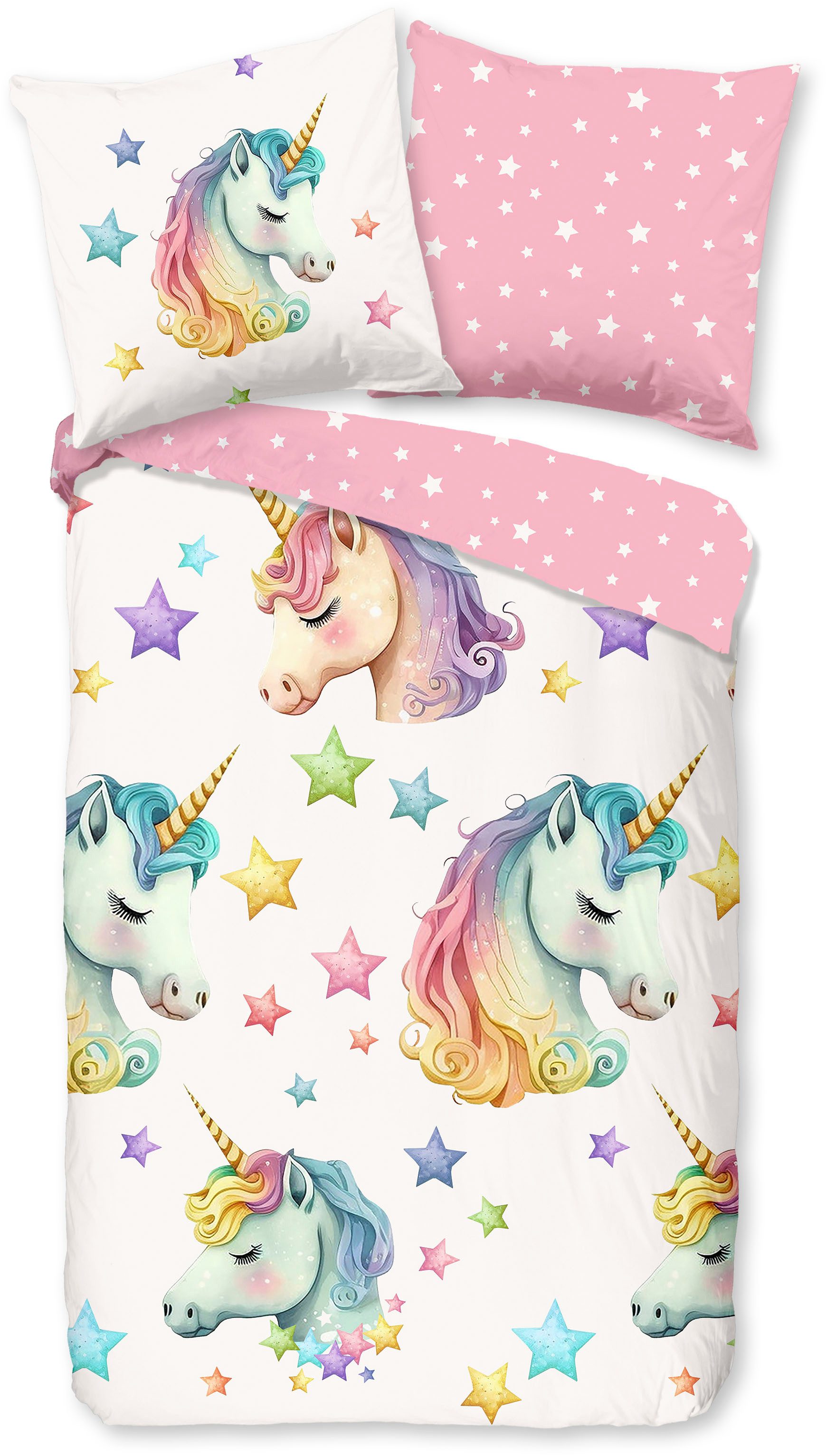 PURE luxury collection Kinderbettwäsche Fancy, Microfaser, 2 teilig, Mikrofaser, 135x200, 2 Teilig, Wendeoptik, Kind, Mädchen, Einhorn