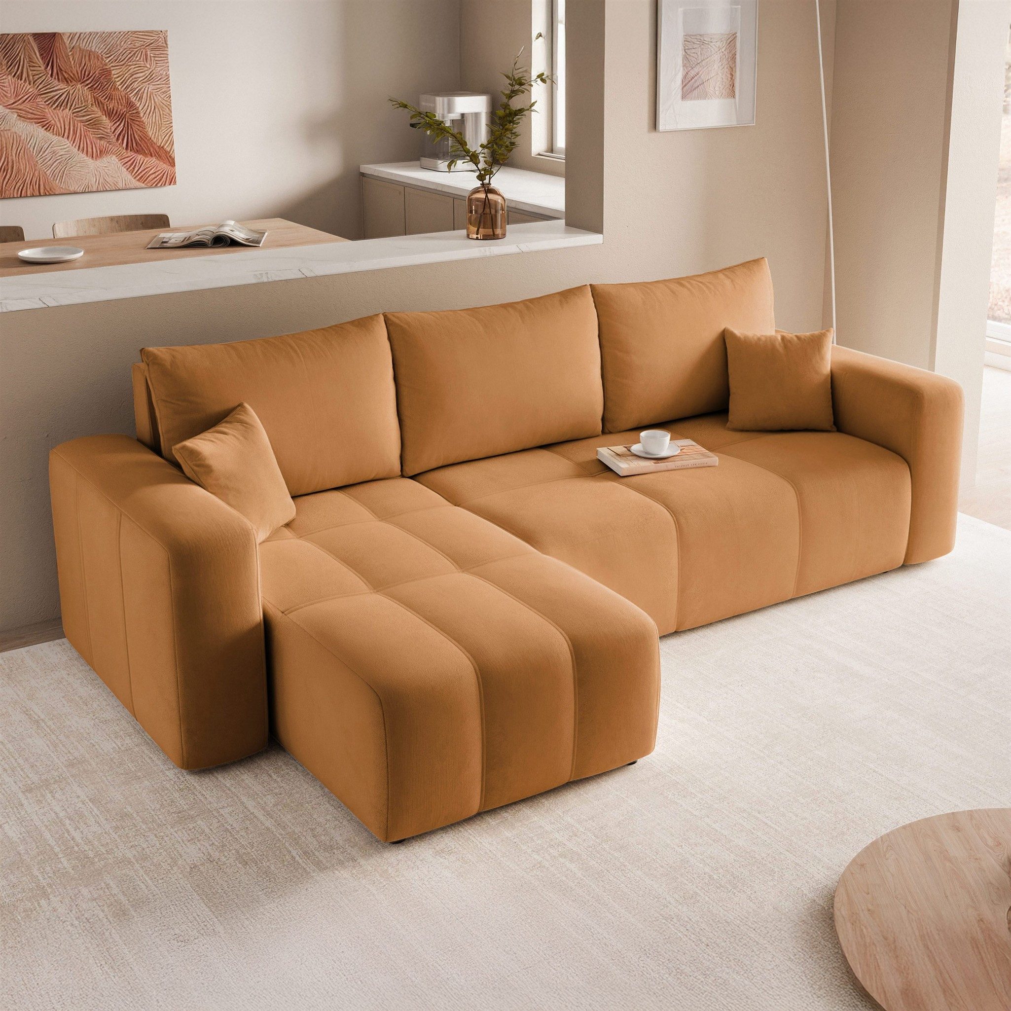 Fun Möbel Ecksofa Schlafsofa LEROS mit Ottomane in Verloursstoff Manila, mit Bettkasten, inkl. 3 Rückenkissen und 2 Zierkissen