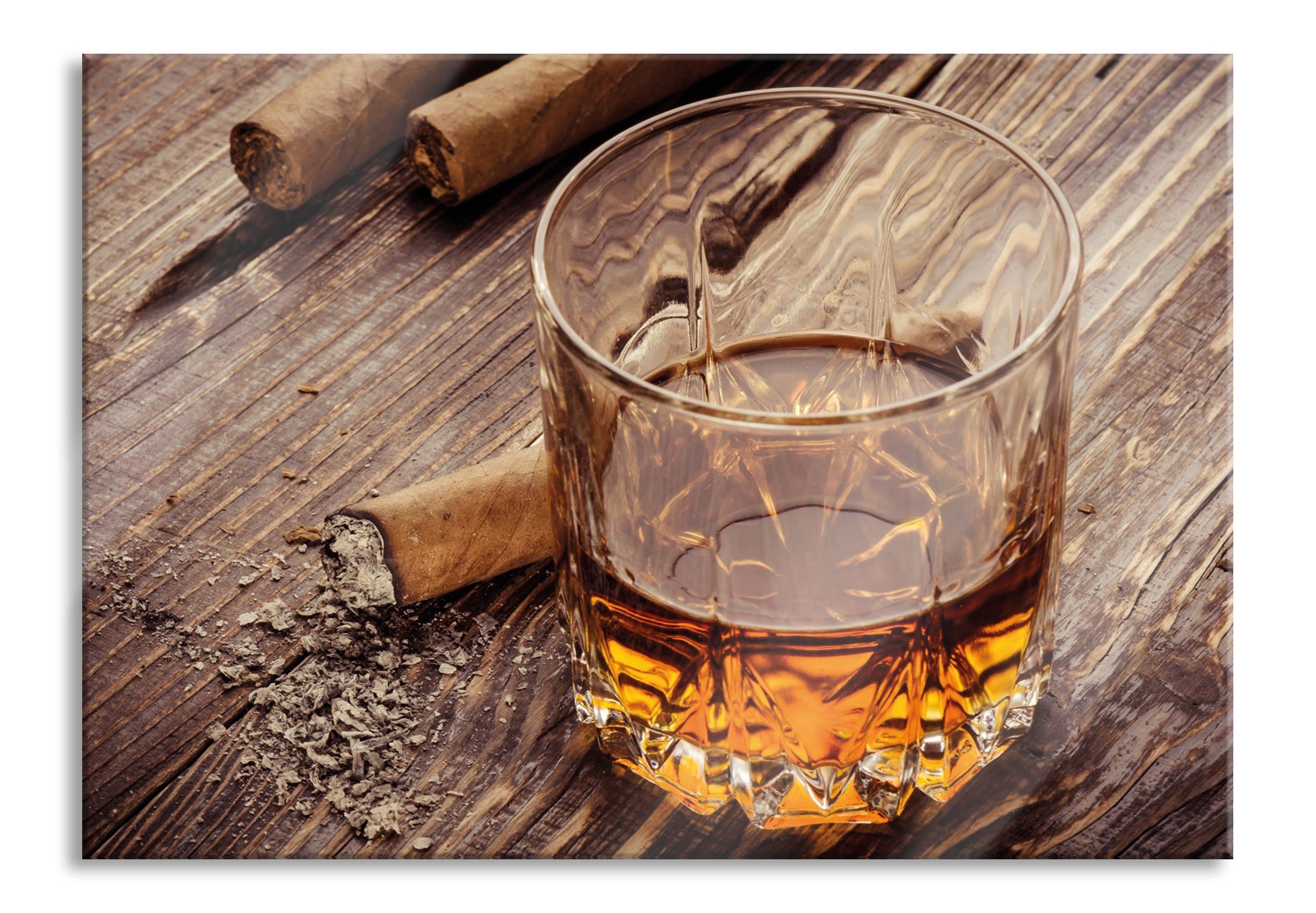 Pixxprint Glasbild Whiskey und Zigarren, inkl. Zigarren aus Abstandshalter und Glasbild St), Aufhängungen und (1 Whiskey Echtglas
