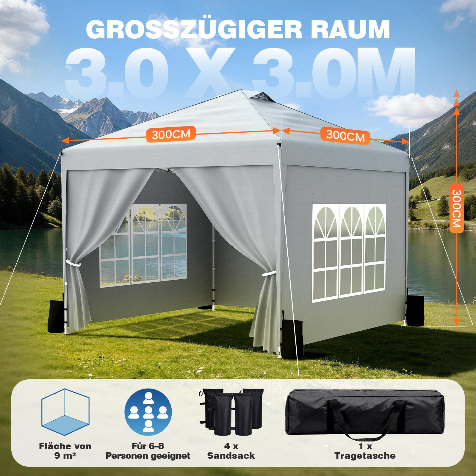 Huracan Faltpavillon Gartenpavillon 3x3m mit 4 abnehmbaren Seitenwänden, mit 4 Seitenteilen, PU1500mm wasserdicht, 3-fach höhenverstellbar Pop Up Pavillon