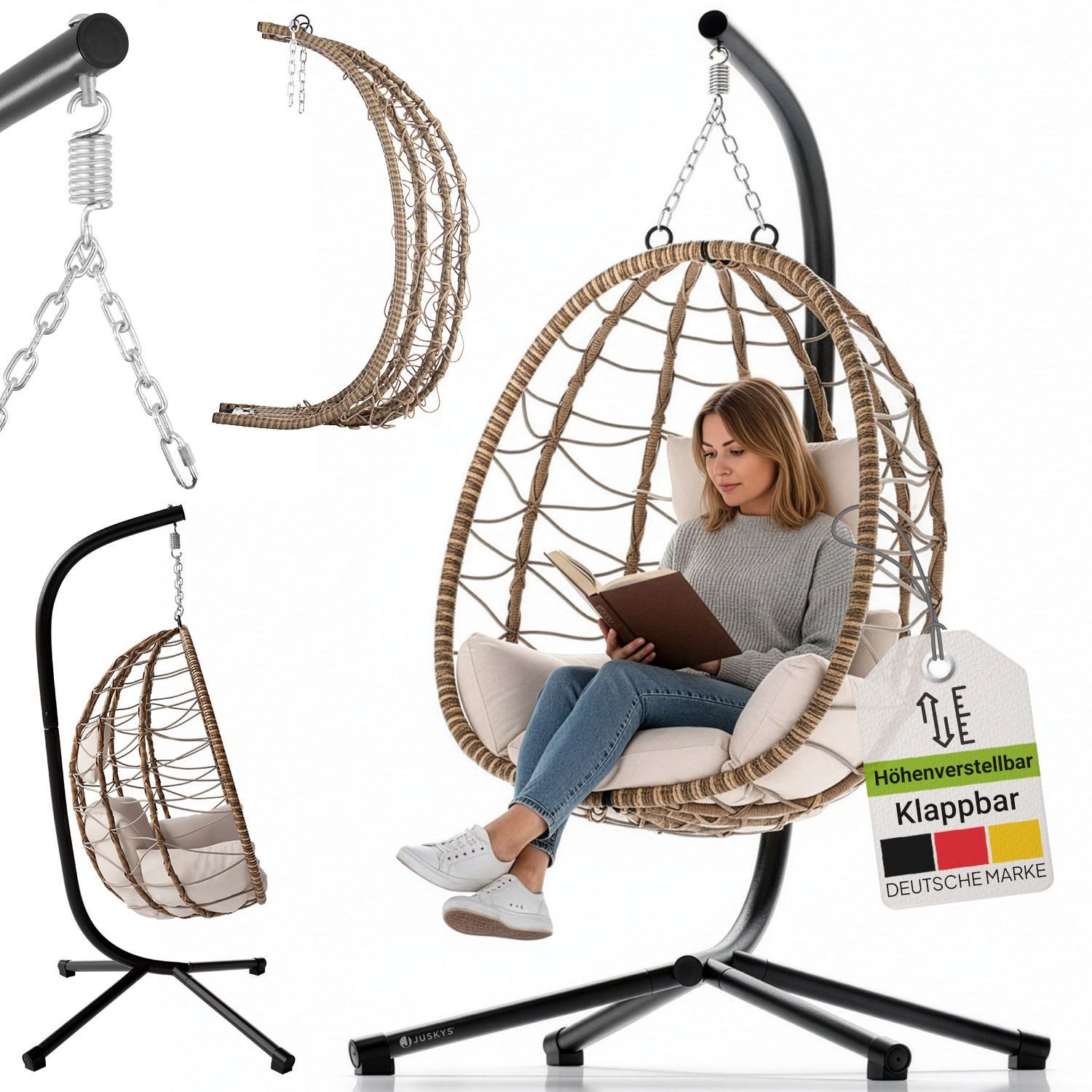 Juskys Hängesessel Aria, höhenverstellbar, weiche Sitzpolster, platzsparend, faltbar