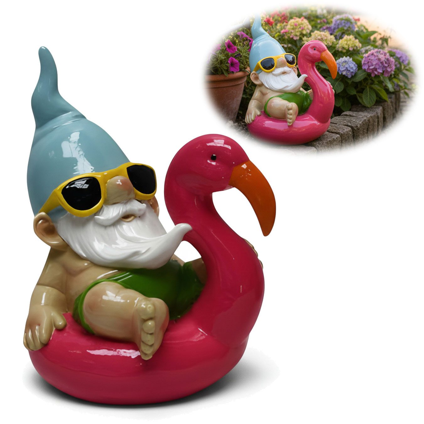 LS-LebenStil Gartenzwerg XL Deko Figur Gartenzwerg Schwimmring Pink sitzend 17cm Gnom Skulptur, (1 St), Zwerg Skulptur Objekt Statue Gartenfigur Teich Pool Deko