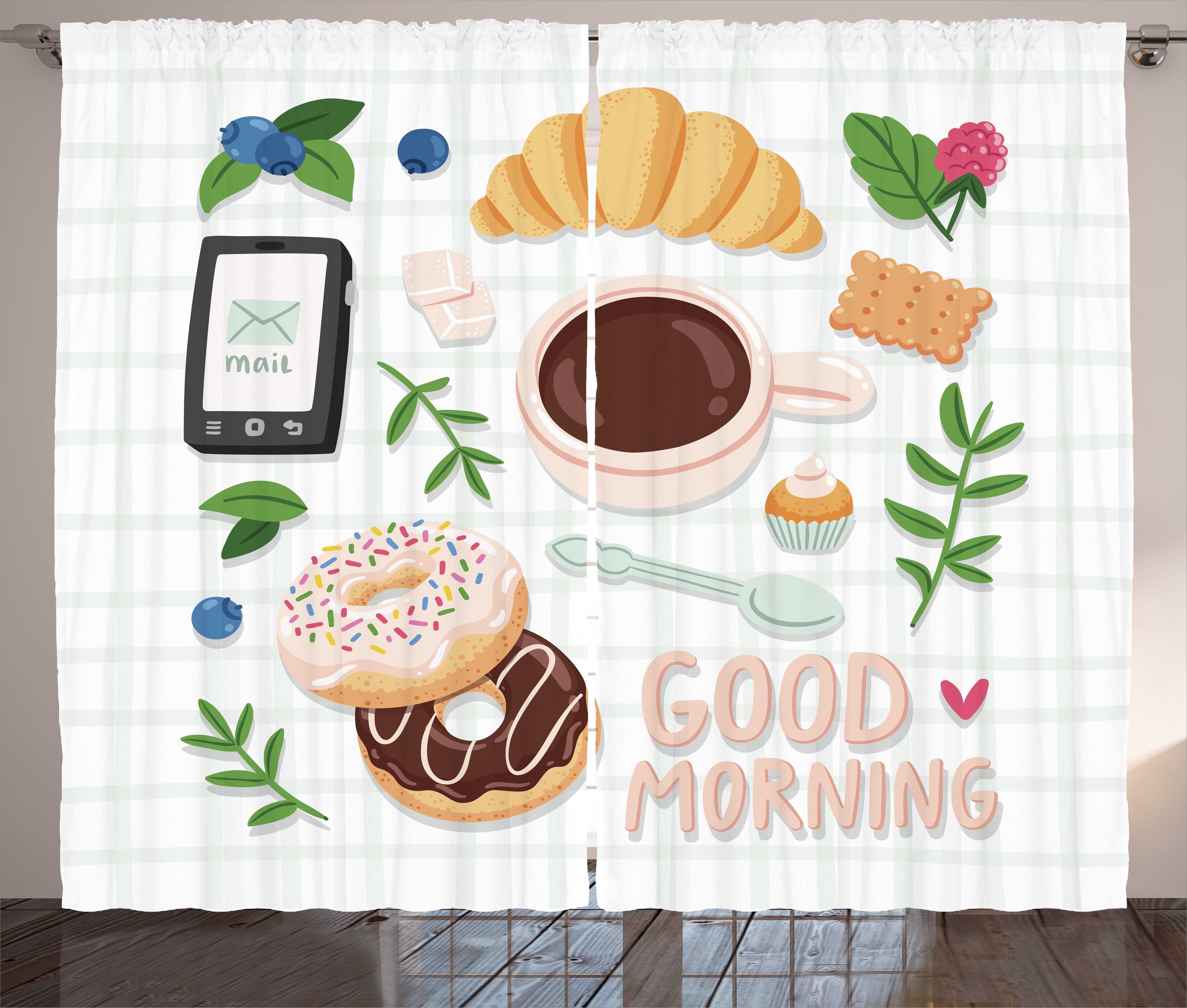Gardine Schlafzimmer Kräuselband Vorhang mit Schlaufen und Haken, Abakuhaus, Morgen Frühstück Himbeere Donuts