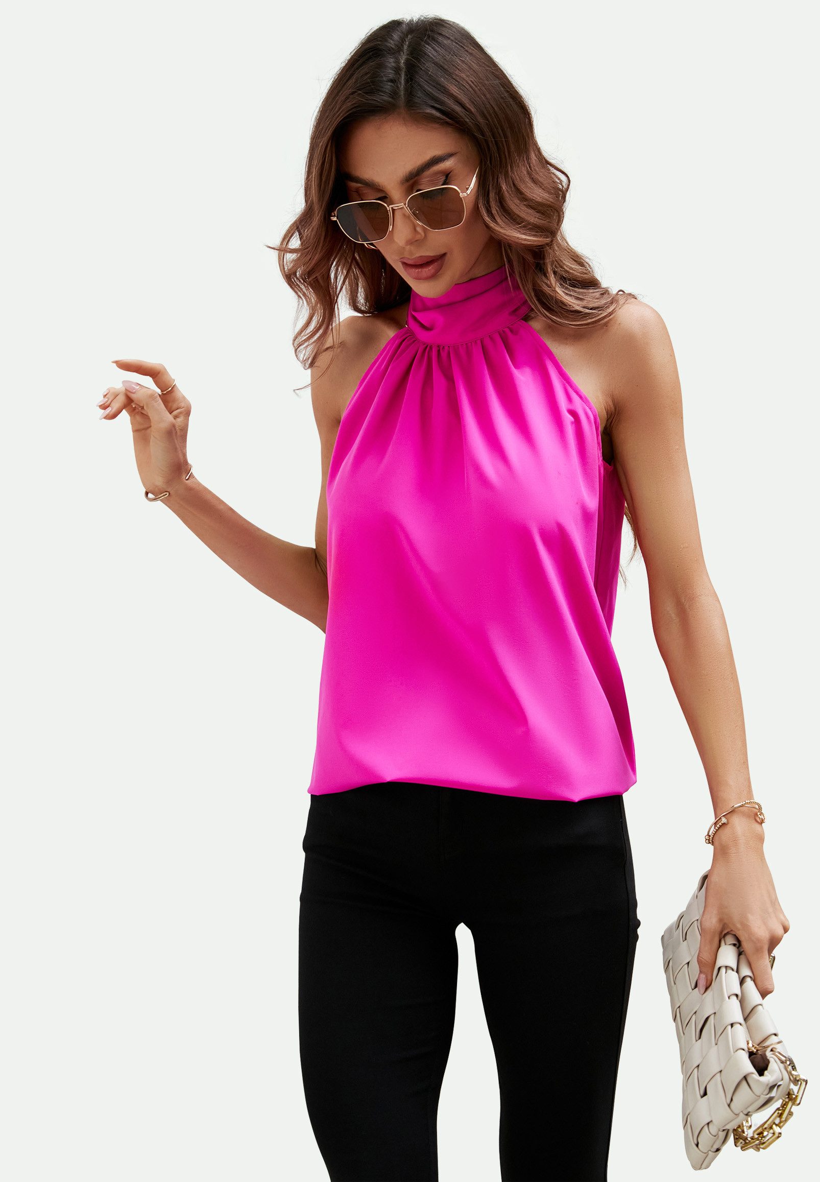 FS Collection Neckholdertop Damen Ärmelloses Neckholder-Top mit Bindeband am Rücken (S (UK 8–10 / EU 36–38) - M (UK 12 / EU 40) - L (UK 14 / EU 42) - XL (UK 16 / EU 44), 8 Farben: Schwarz, Waldgrün,LeafGreen, LeoBraun, LeoBeige, AzurBlau) leicht, weich, fließend und pflegeleicht