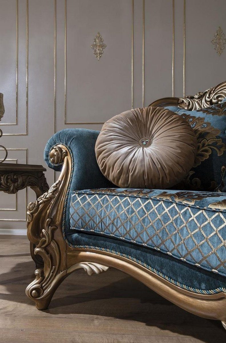 Casa Padrino x Muster x / Barock Gold 90 Luxus Sofa Sofa Blau und Prunkvolles Sofa cm H. 125 - mit elegantem Wohnzimmer Barock Kissen dekorativen - Möbel 260