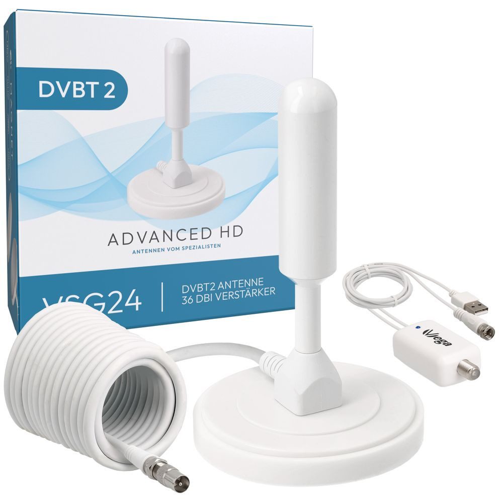 DVBT2 Antenne mit Verstärker 36Db HDTV für Fernseher ALU-Kern 5m Kabel Innenantenne