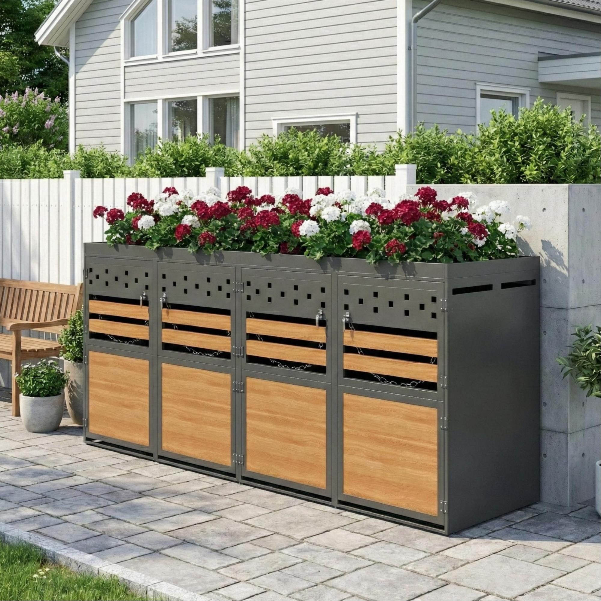 LVHOM Mülltonnenbox Veredelungssystem, 120-240 Liter x2er/x4er (Pflanzen-Dach gegen optische Störung + Belüftungsschlitze + abschließbar + wetterfester Stahl, Holz-Metall-Optik, Ketten zum bequemen Tonnenkippen), Ideal für Hauszugänge/Garagenhöfe/Großhaushalte/Siedlungsgebiete