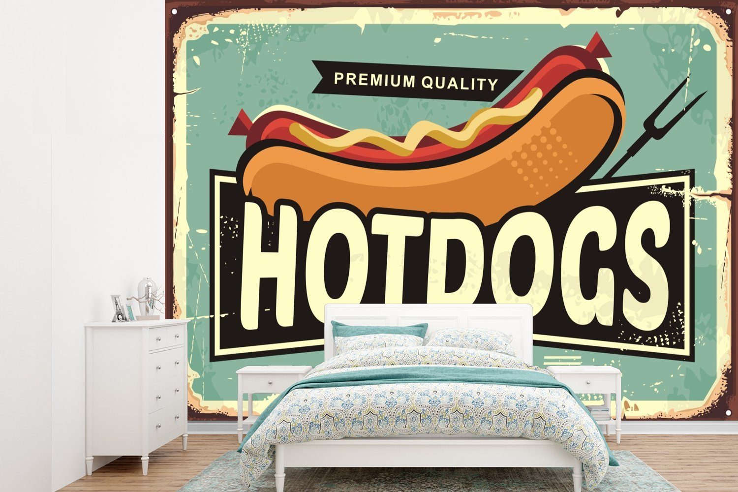 MuchoWow Fototapete Hotdog - Jahrgang - Illustration, Matt, bedruckt, (6 St), Montagefertig Vinyl Tapete für Wohnzimmer, Wandtapete