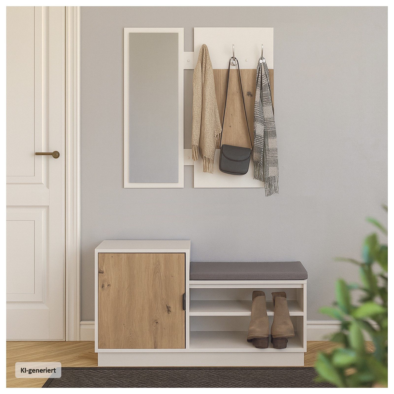 HTI-Living Garderobe Garderobenpaneel mit Spiegel und Schuhbank (Set, 2 St., 1 Garderobenpaneel mit Spiegel, 1 Schuhbank), Set Wandgarderobe und Schuhregal mit Sitzkissen
