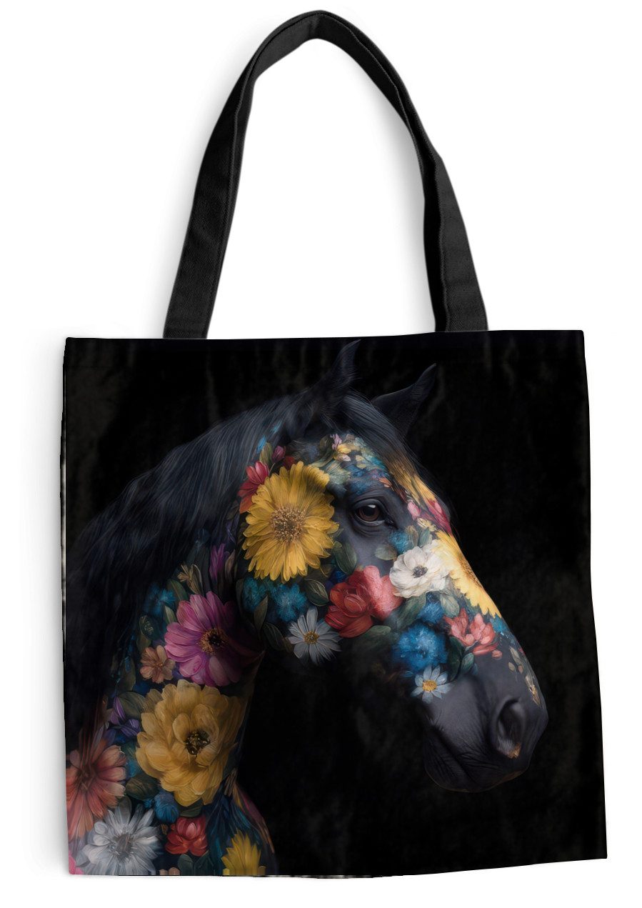 MuchoWow Shopper Pferd - Blumen - Schwarz, Handtasche, Damen und Herren, Schultertasche, Umhängetasche, Tote Bag