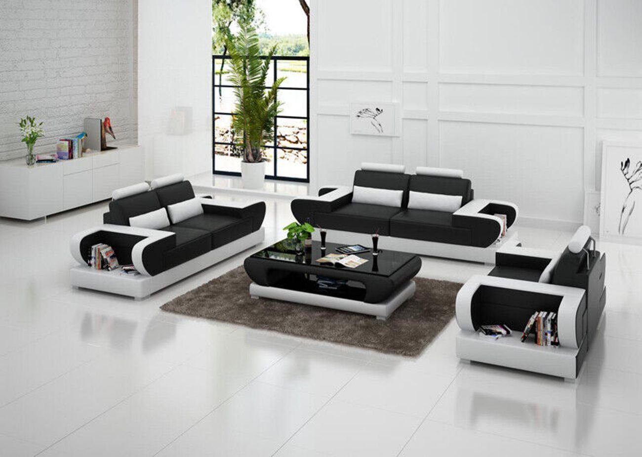 JVmoebel Wohnzimmer-Set Ledersofa Couch Wohnlandschaft 3+2+1 Sitzer Garnitur Design Sofa, (3-St) Schwarz/Weiß