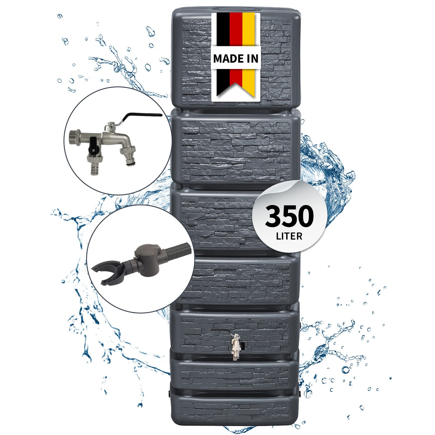 4rain Regentonne SLIM STONE DECOR Regentonne Wandtank Komplett-Set 350 L, graphite grey, 350 l