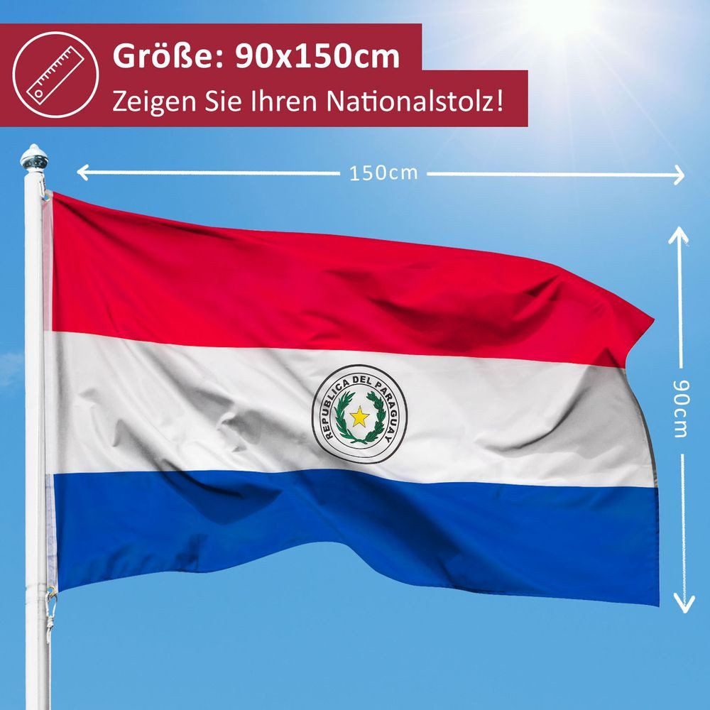 PHENO FLAGS Flagge Paraguay Flagge 90x150 cm – Wetterfeste Nationalflagge, Inkl. 2 Messing Ösen