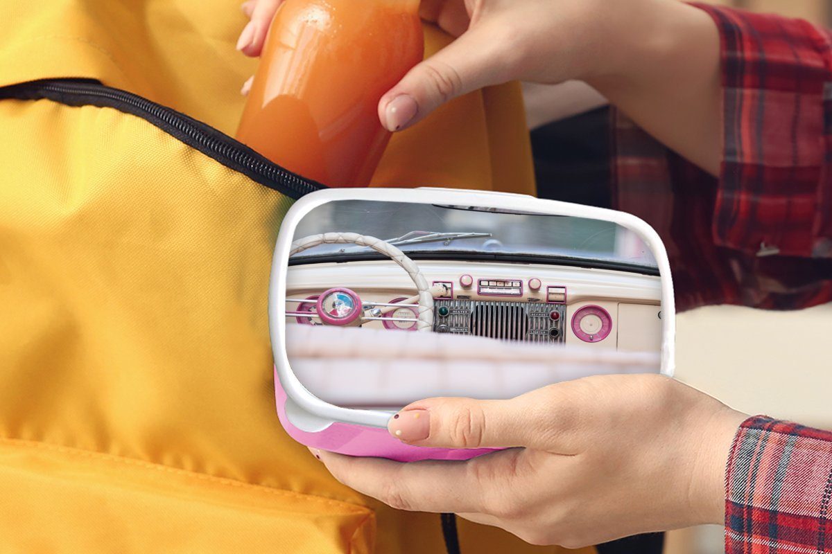 MuchoWow Lunchbox Auto Erwachsene, - Brotbox Brotdose - Kunststoff Mädchen, Rosa, Snackbox, für Kinder, Kunststoff, Retro (2-tlg)