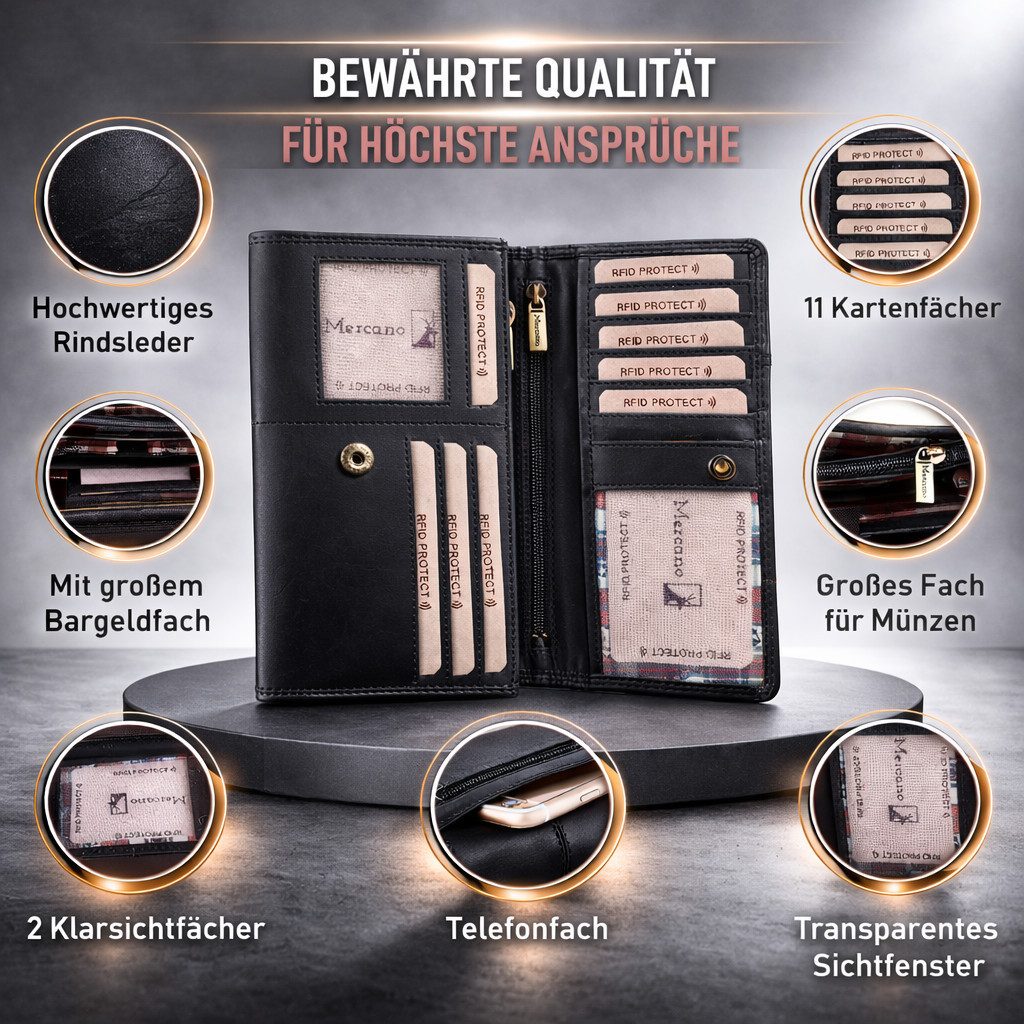 Mercano Geldbörse für Damen aus Echtleder (inkl. Geschenkbox), RFID, 11 Kar günstig online kaufen