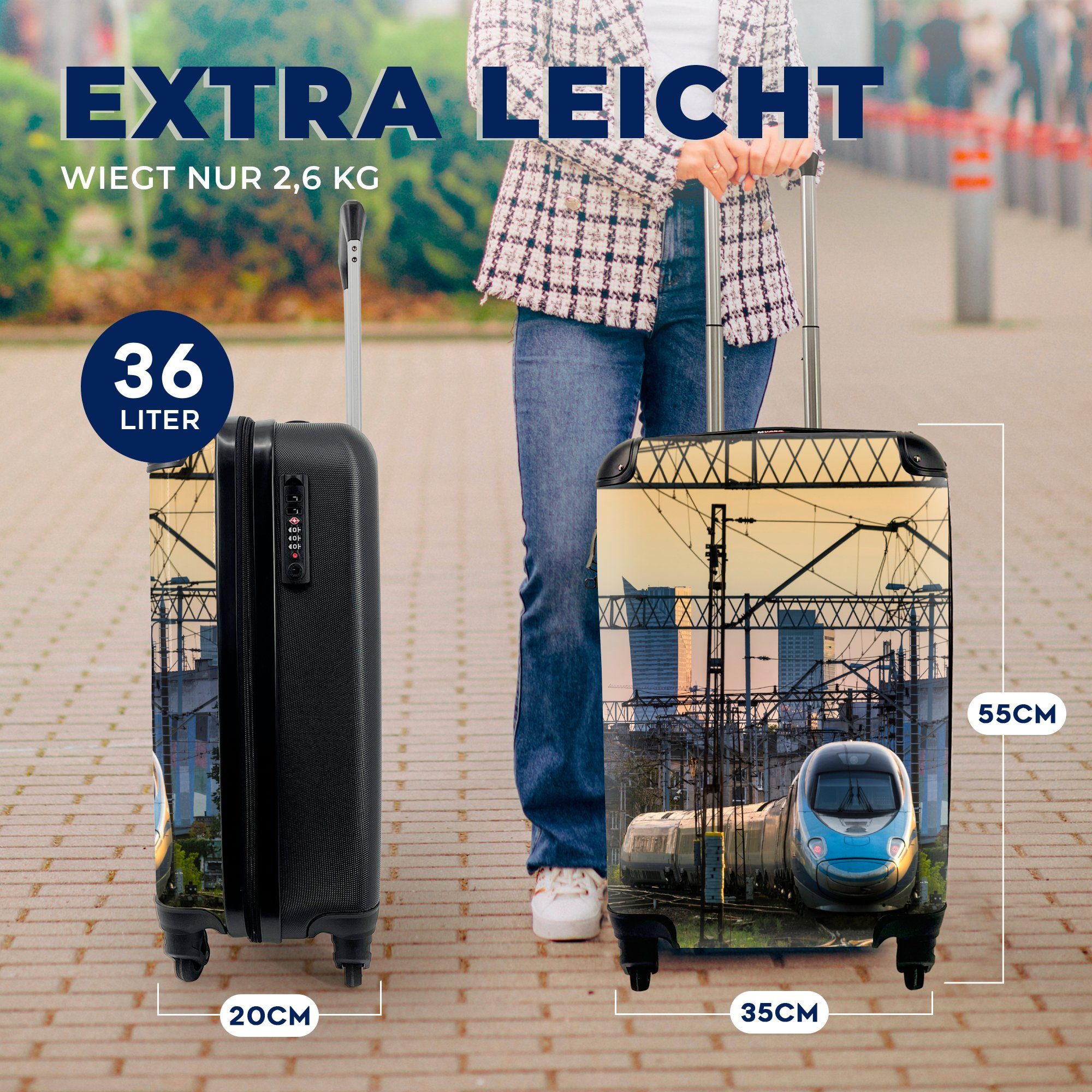 Ferien, MuchoWow Zug 4 Handgepäck Reisekoffer Trolley, rollen, Rollen, für Reisetasche Ein in mit Warschau, Handgepäckkoffer