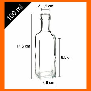 gouveo Trinkflasche Glasflaschen 100 ml Maraska mit Schraub-Deckel - Kleine Flasche 0,1l, 24er Set, transparent-silberfarben