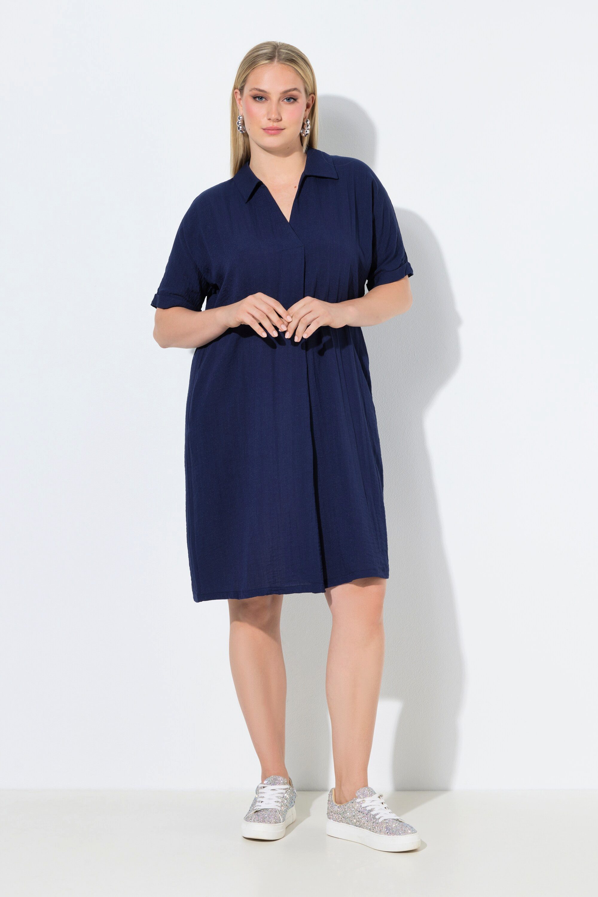 Ulla Popken Jerseykleid Minikleid oversized Hemdkragen V-Ausschnitt günstig online kaufen