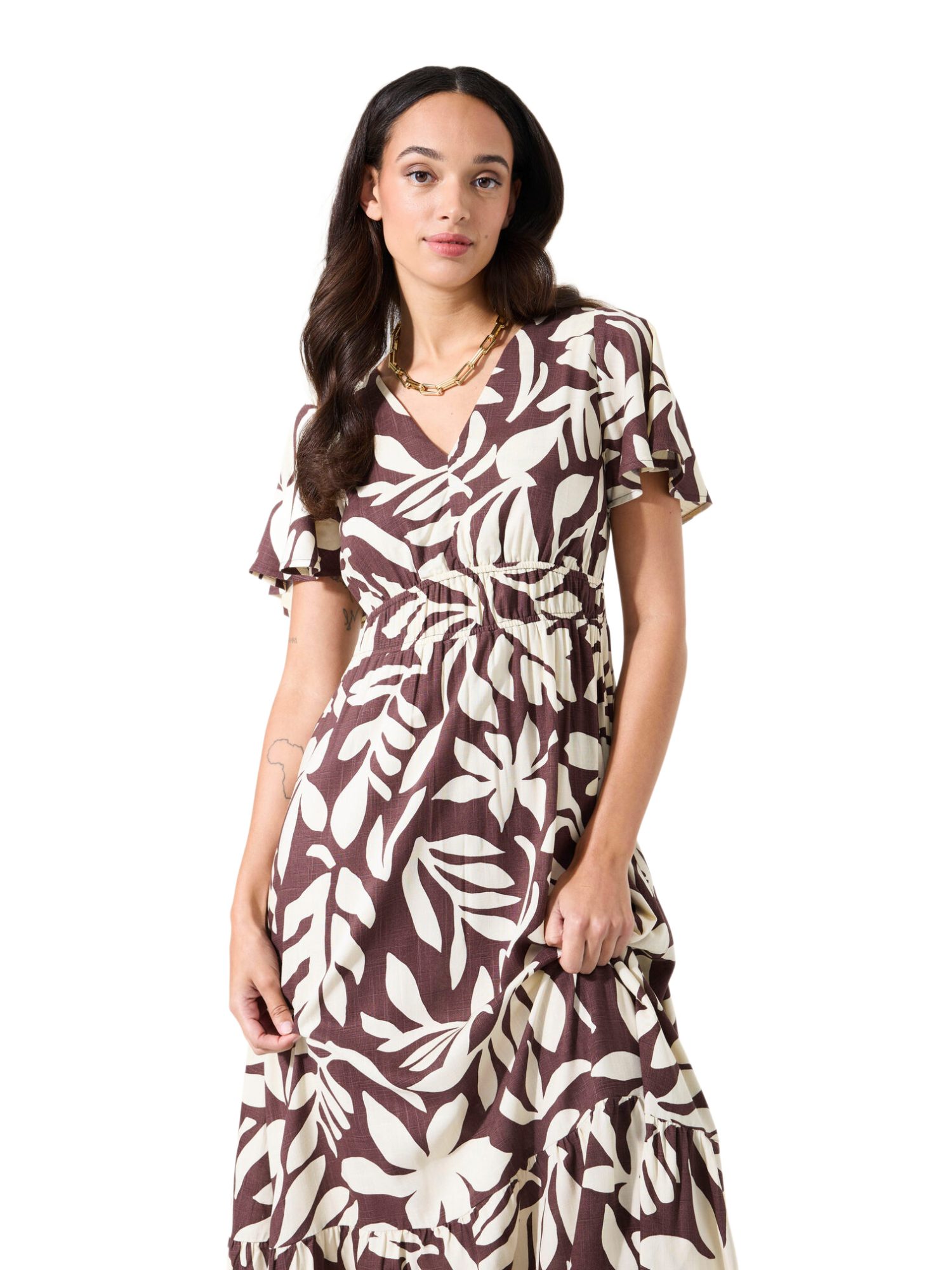 Garcia Partykleid braun,Freizeit,Viskose,Allover-Print,V-Ausschnitt,Kurz,Regular Fit