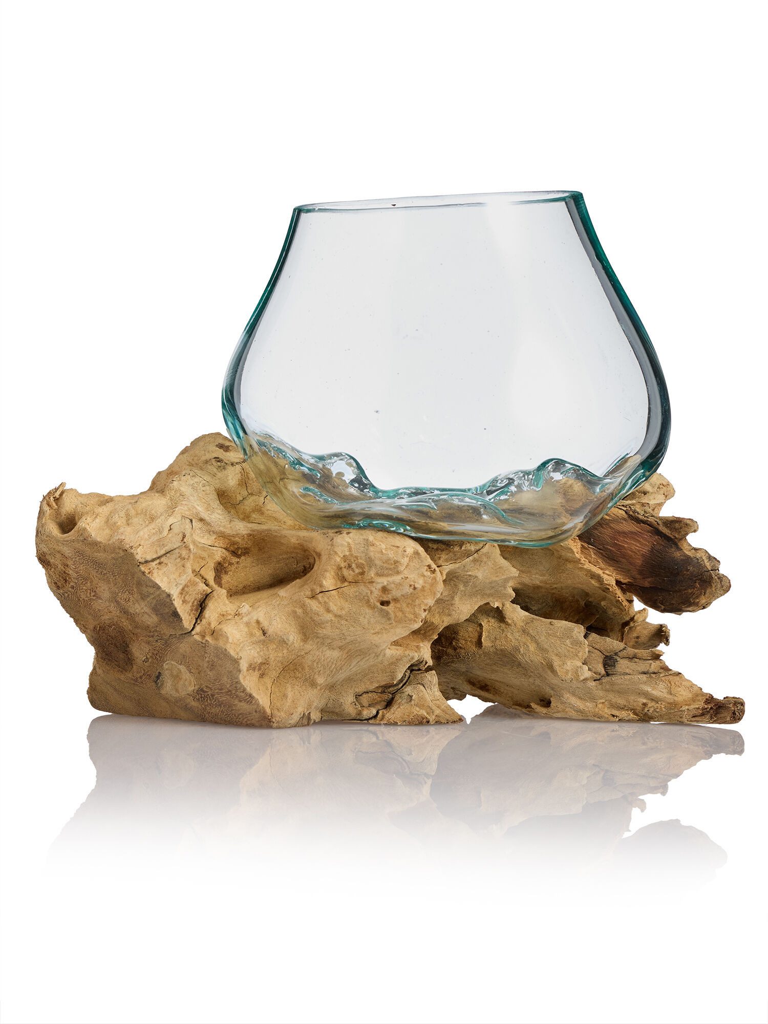 Dekorieren macht glücklich Dekoobjekt Teakholz mit Glasvase, rund ca. 15-20cm (4er-Set), Handgefertigtes Unikat – meisterliche Qualität, für In- & Outdoor