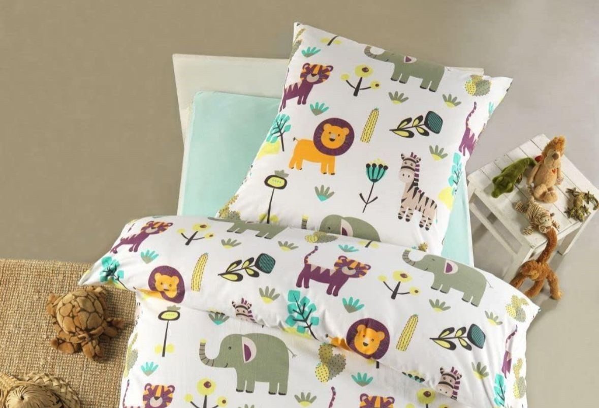 Optidream Kinderbettwäsche Set Mikrofaser 135x200 Polyester Kinder Safari, Mikrofaser, 2 teilig, Reißverschluss Wende Kind Afrika Löwe Elefant Giraffe kuschelig
