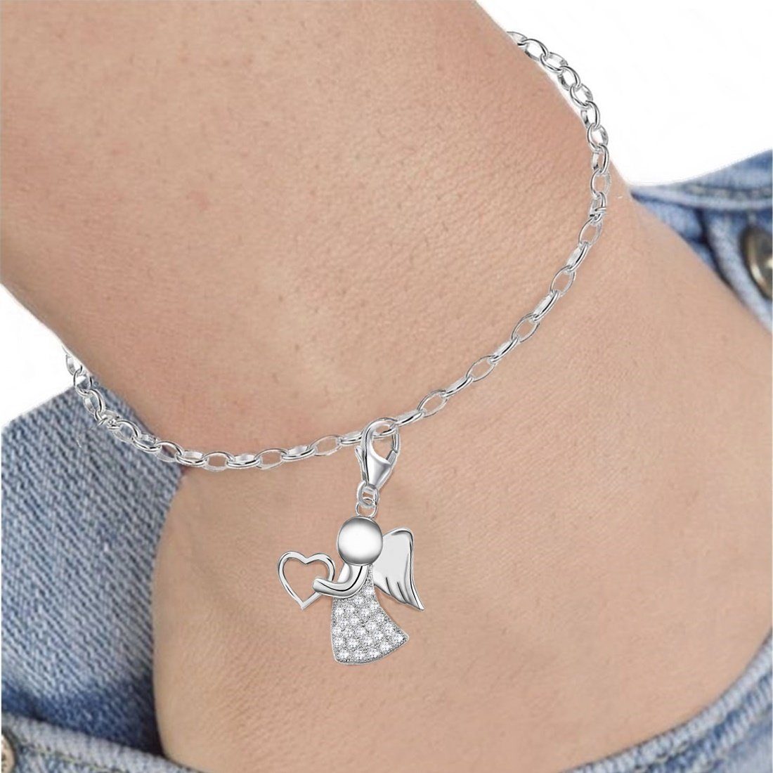 Goldene Hufeisen Charm Engel Schutzengel Zirkonia Klar Karabiner Charm Anhänger aus 925 Silber (inkl. Etui), Rhodium überzogen