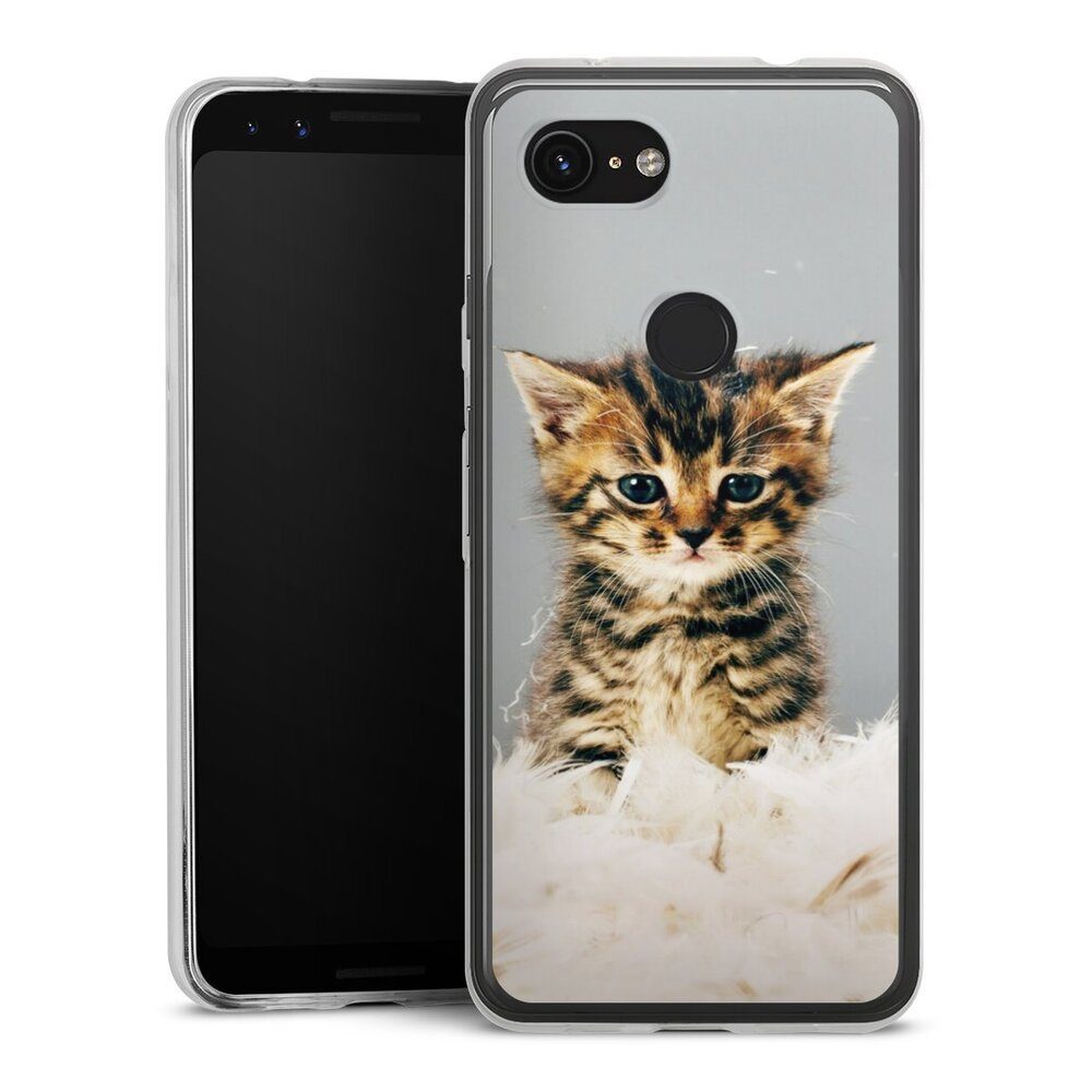 DeinDesign Handyhülle Katze Haustier Feder Kitty, Google Pixel 3a Slim Case Silikon Hülle Ultra Dünn Schutzhülle