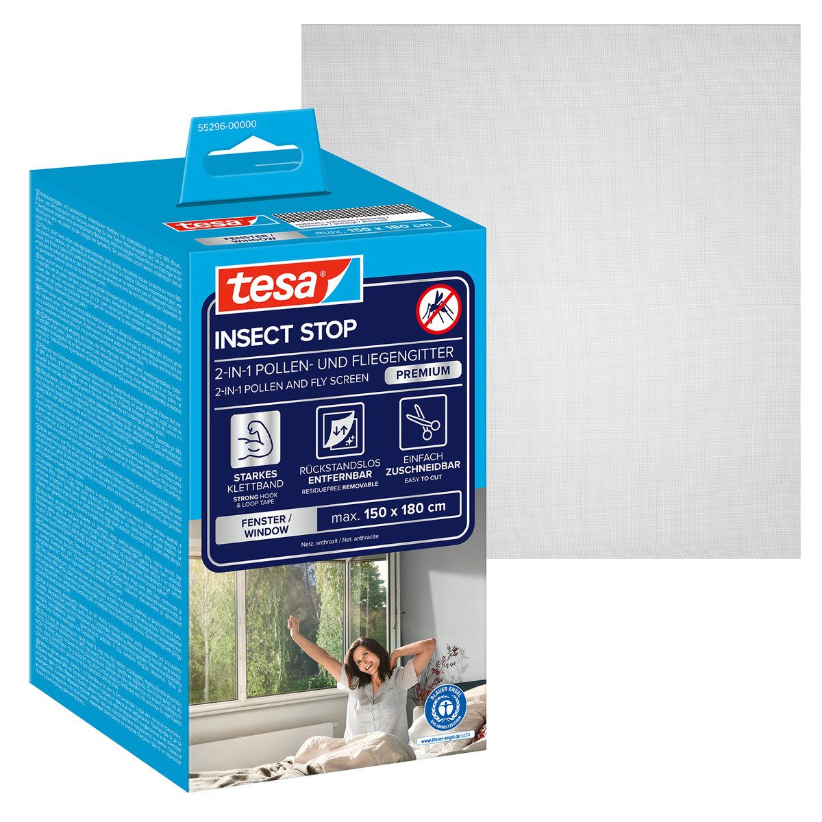 tesa Fliegengitter-Gewebe Pollenschutzgitter 2-in-1 Pollenschutz und Fliegengitter, transparent, (Packung, 1-St., Fliegennetz, Klettband), inkl. Selbstklebendes Klettband, INSECT STOP