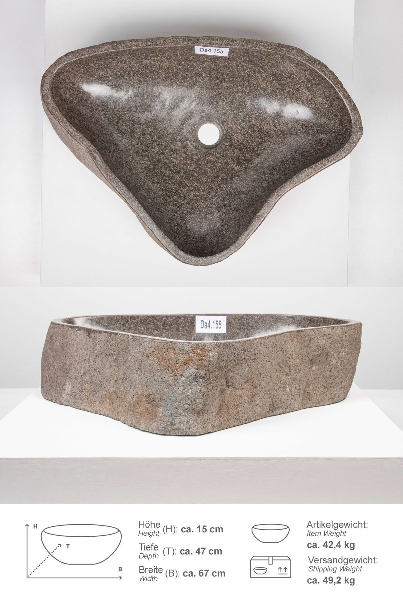 wohnfreuden Aufsatzwaschbecken Naturstein Waschbecken ca. 60 cm oval (Kein Set), 101728_Da4.155