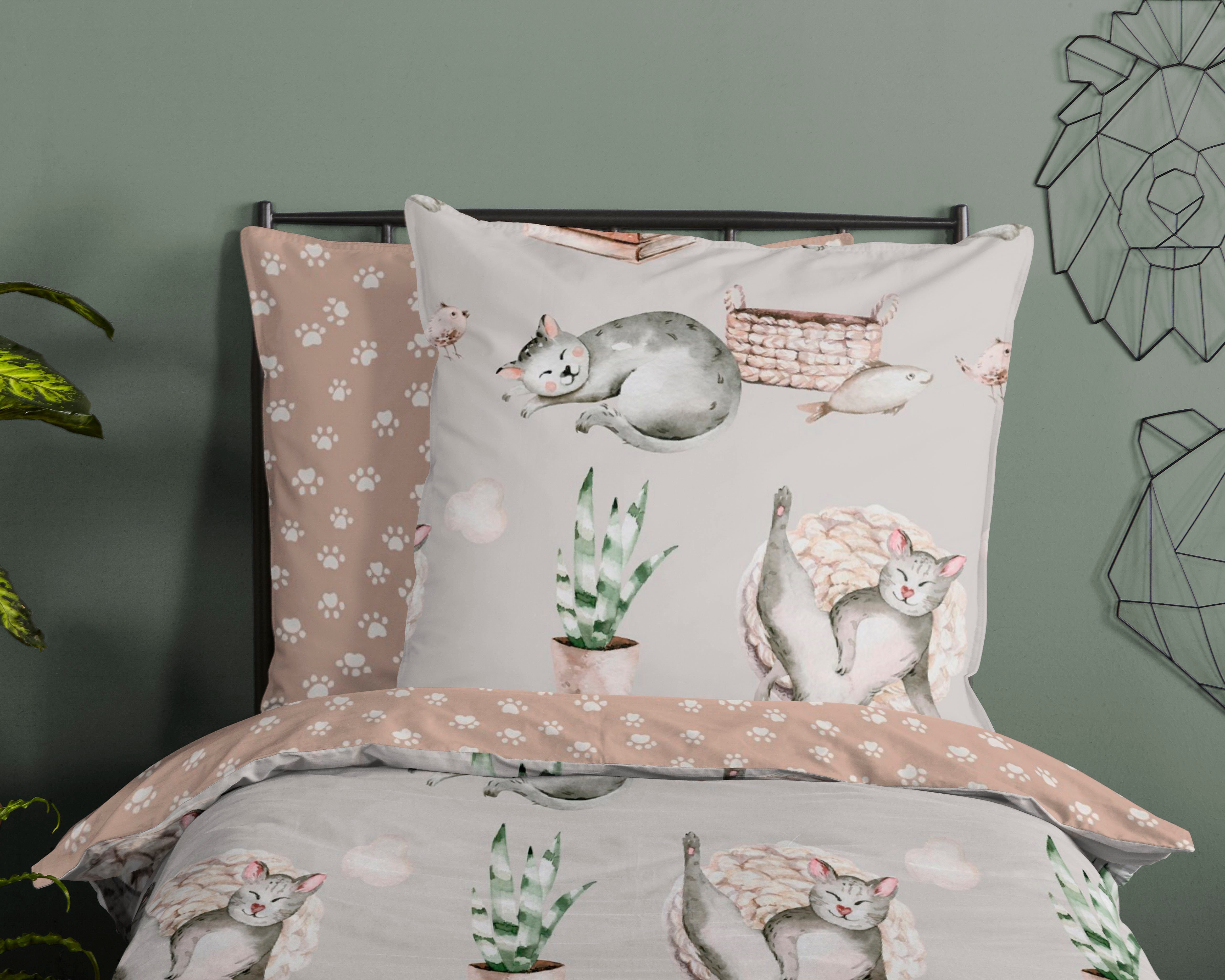 good morning Kinderbettwäsche Catlife, Renforcé, 2 teilig, Baumwolle, 135x200, Reißverschluss, Wendeoptik, Kind, Katze, Grau – Bild 3 von 5