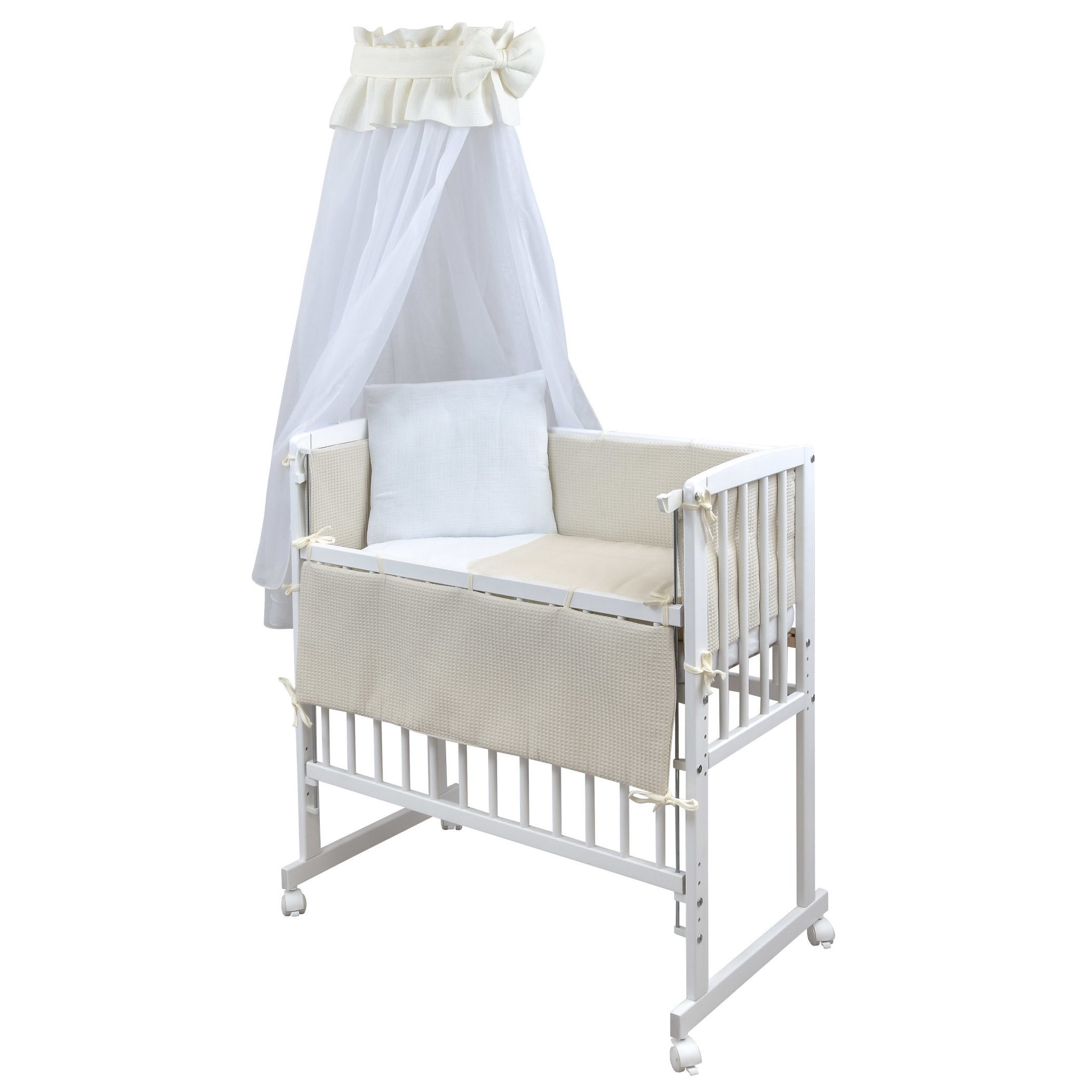 Baby-Delux Stubenbett Beistellbett Komplettset Waffelpique Musselin, Stillbett 90x40 weiß höhenverstellbar, Matratze inkl. komplett Set