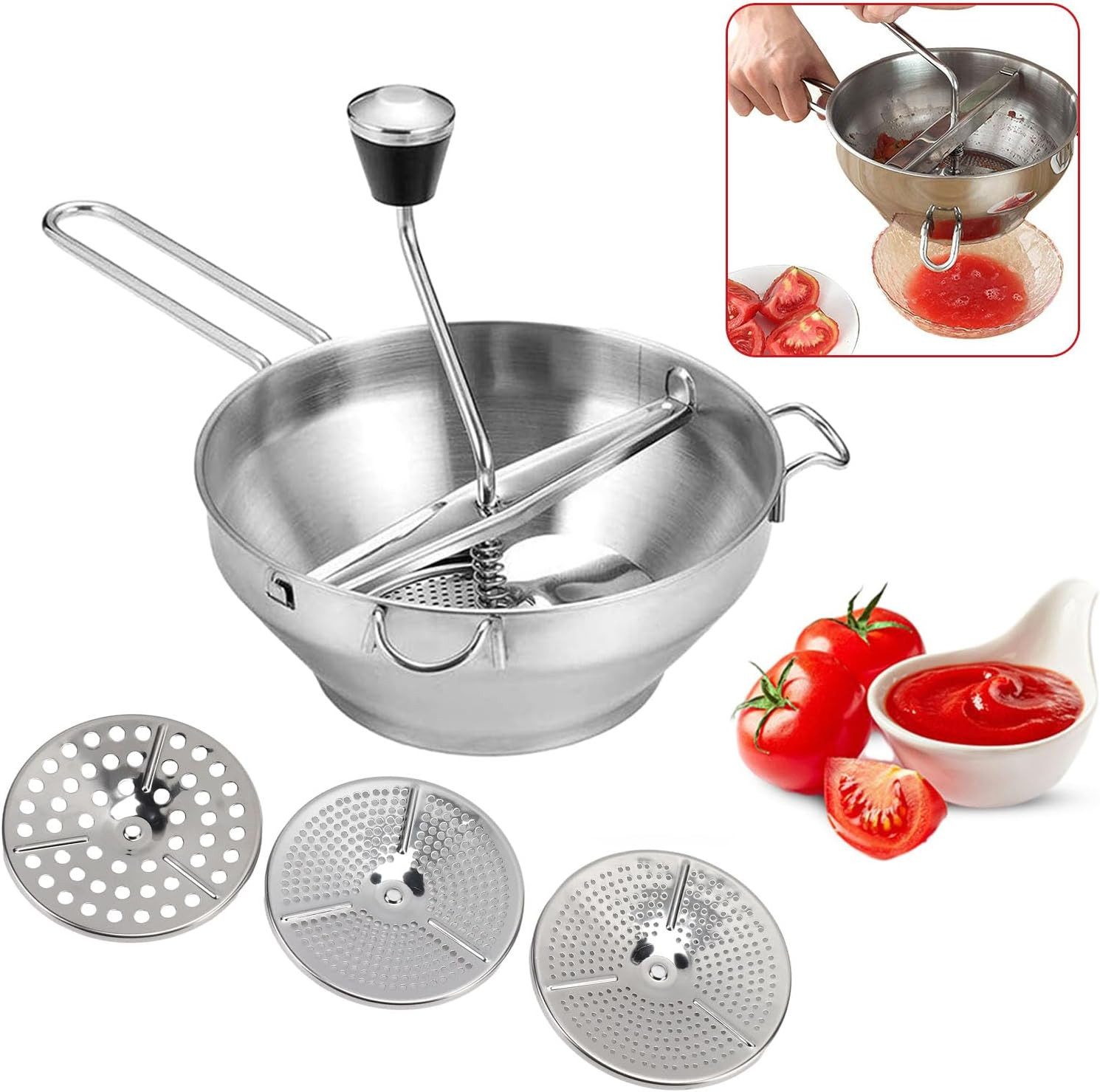 MC Star Passiersieb Passiergerät Edelstahl mit 3 Siebeinsatz Passiermühle, (manueller Handgrinder für Babynahrung, Gemüse & Tomatensoße)