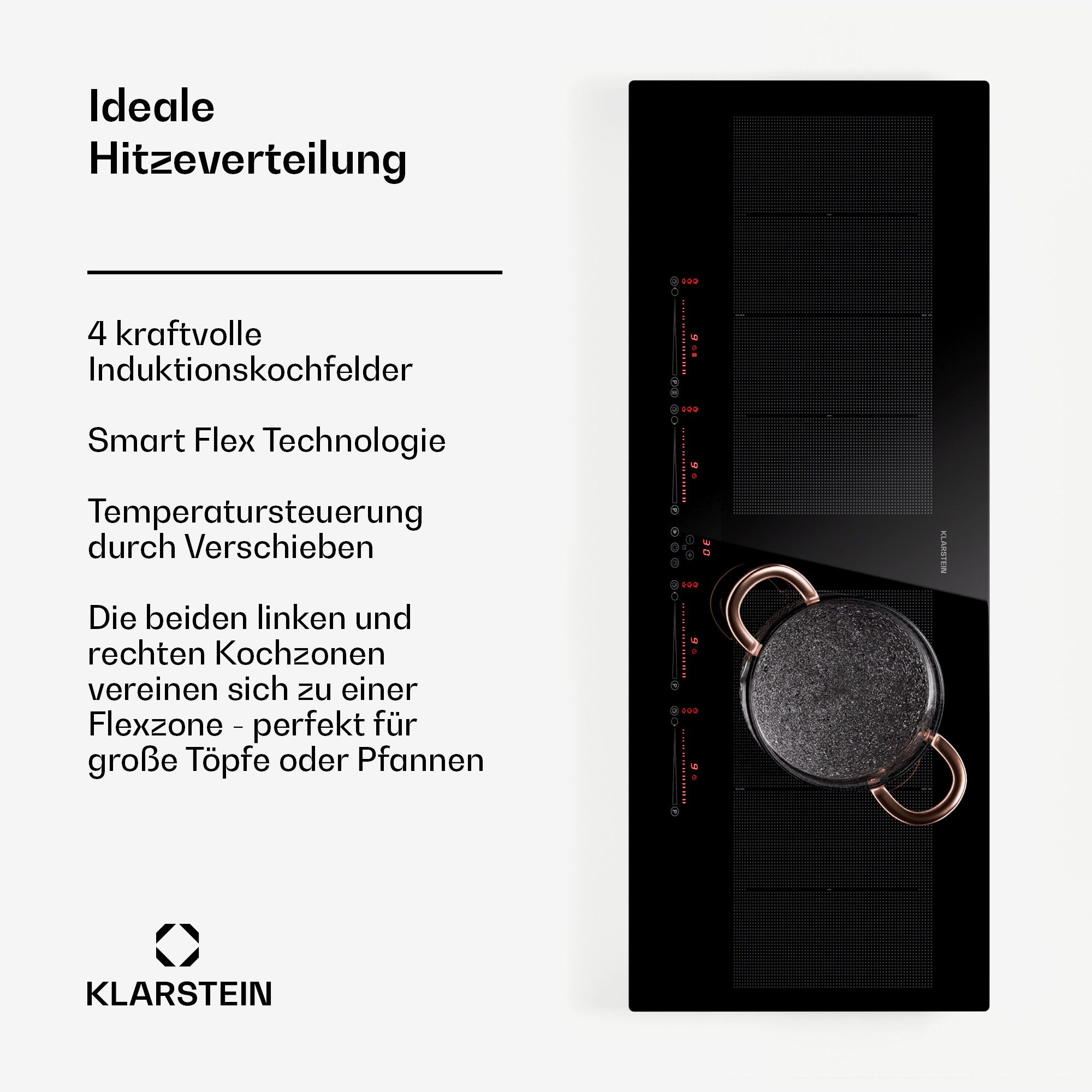 Klarstein Induktions-Kochfeld Masterzone 90 Slim Flex, Kochfelder 4 Zonen 2 Flex Timer Touch Einbau Küche