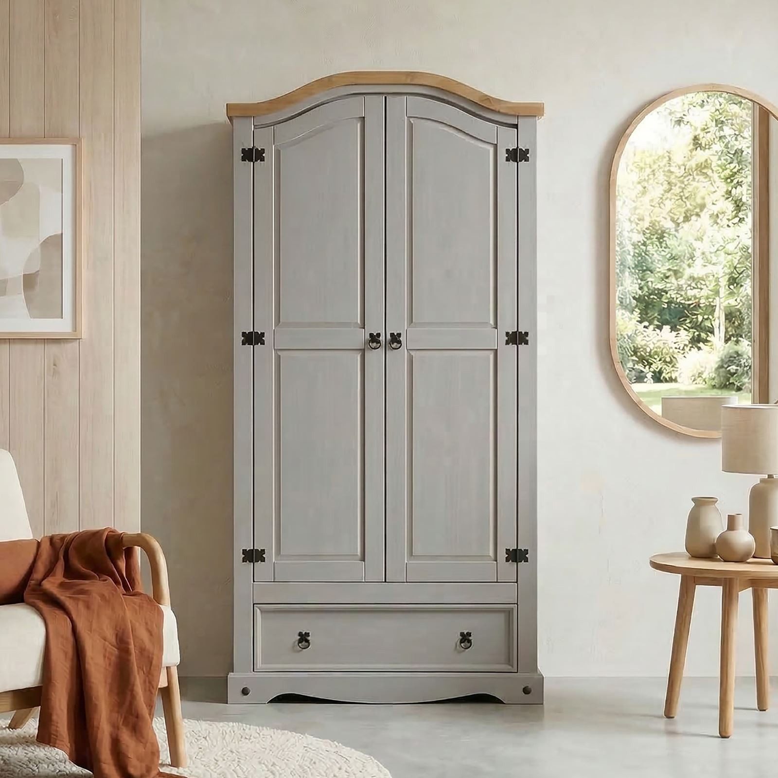 CARO-Möbel Kleiderschrank RAMON Kleiderschrank Garderobenschrank Mexiko Stil Möbel Kiefer massiv Landh