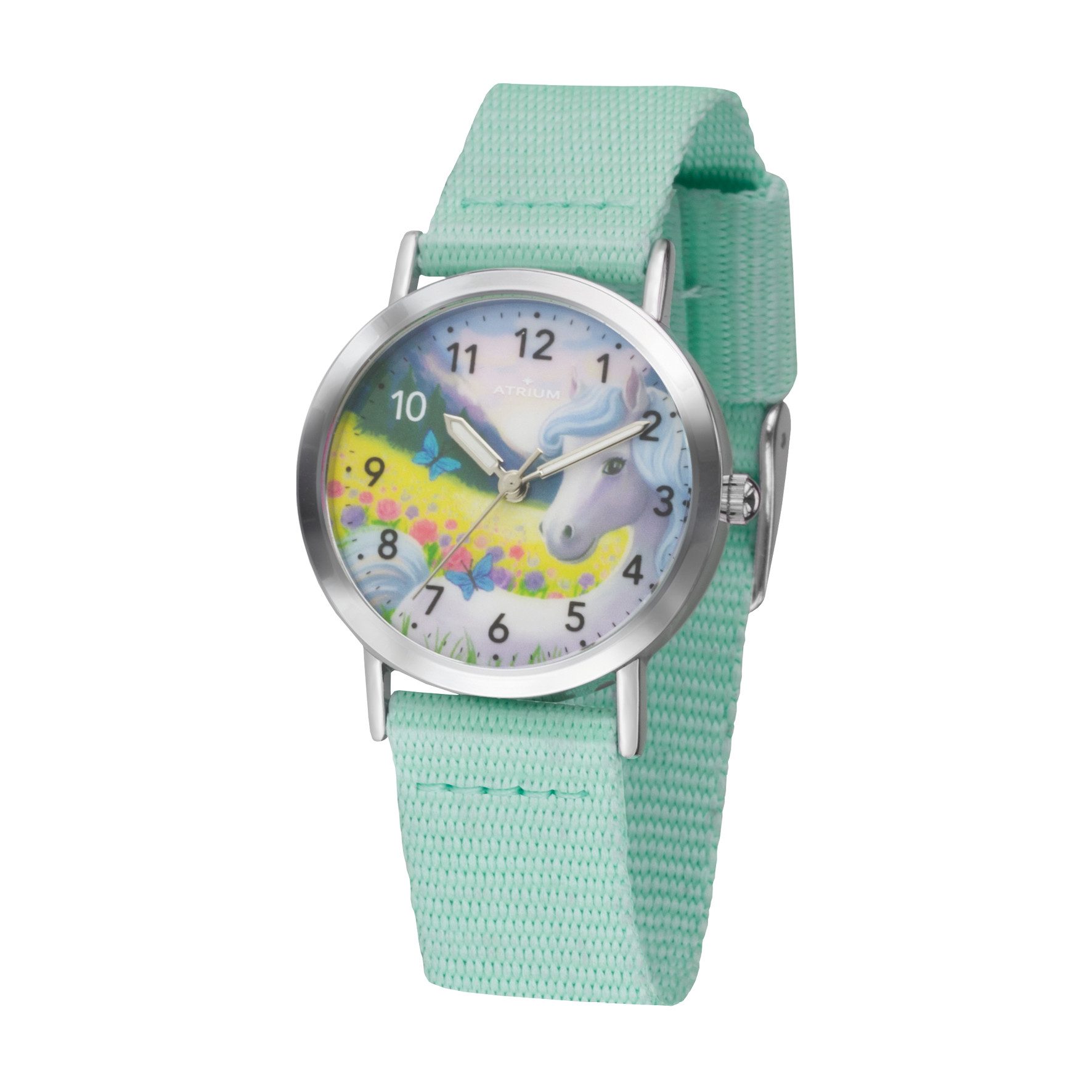 Atrium Quarzuhr A44-13 Siabelle Kinder Armbanduhr Pferd Einhorn mint, analog deutlich Uhrzeit lernen Geschenkidee Einschulung Ø 30mm
