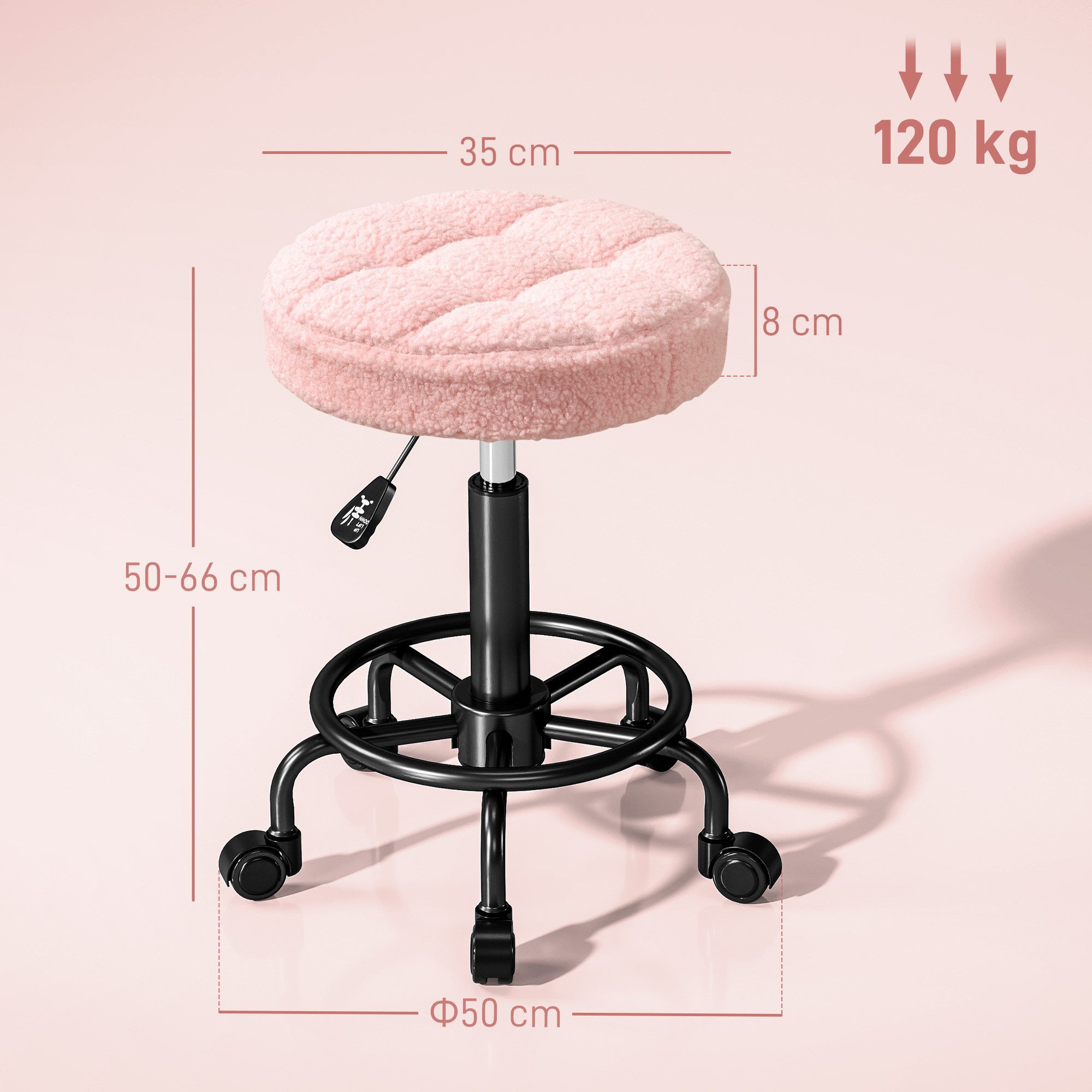 HOMCOM Rollsitz Arbeitshocker höhenverstellbar 50-66 cm 360° drehbar Hocker (Rollhocker, 1 St., Drehhocker), für Büro, Salon, Massage, Spa, Rosa – Bild 3 von 5