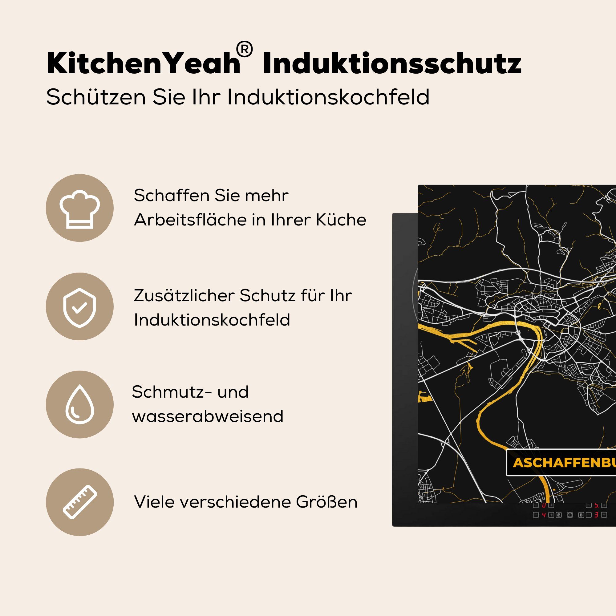 Deutschland Vinyl, Ceranfeldabdeckung, - Karte 78x78 (1 Arbeitsplatte - Herdblende-/Abdeckplatte tlg), Stadtplan - MuchoWow Gold küche - für Aschaffenburg, cm,