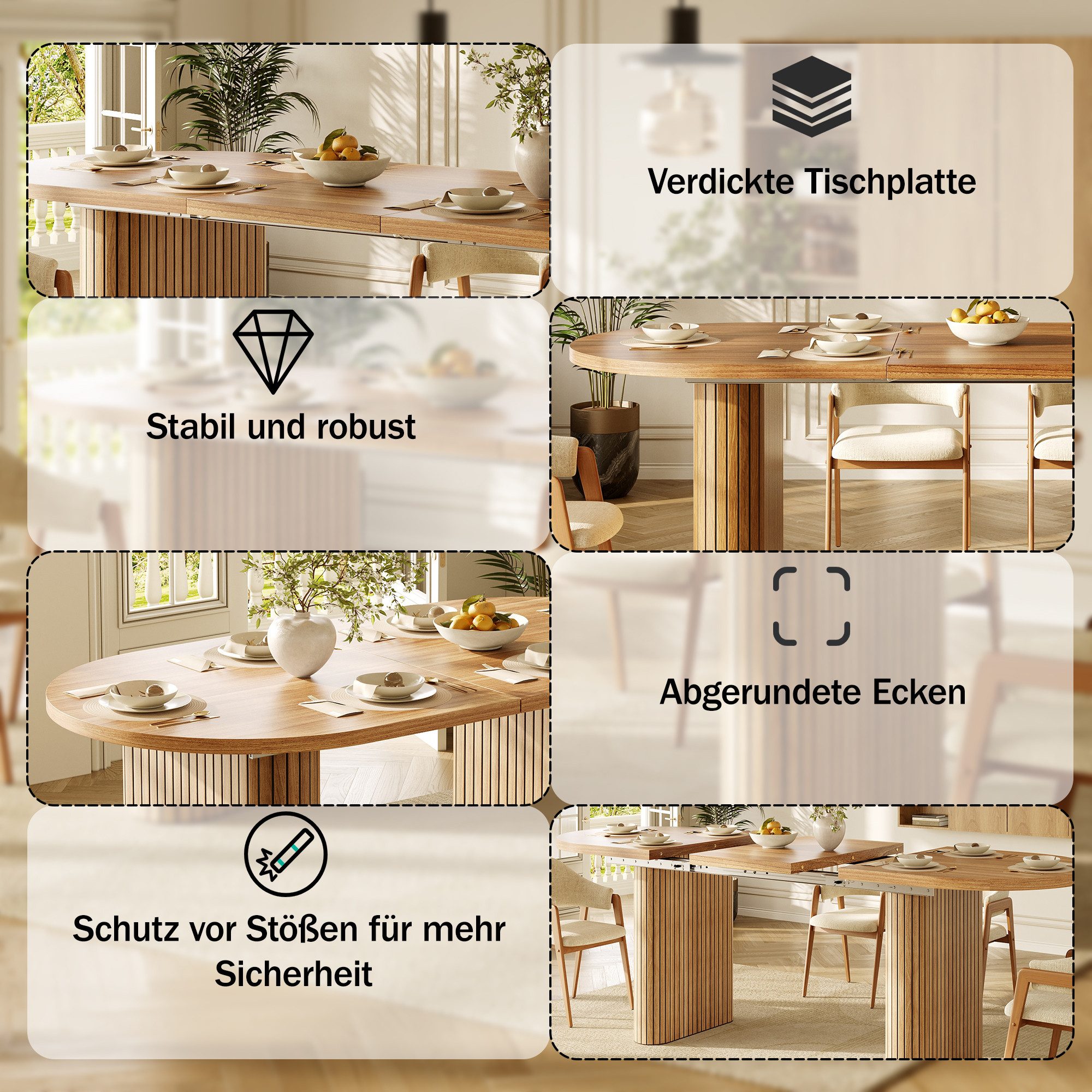 i@home Esstisch 120-160cm Ovale Esstisch für 6-8 Personen, ausziehbarer Esstisch, ovaler Holztisch mit vertikaler Struktur, belastbar bis 60kg, 3 Farben
