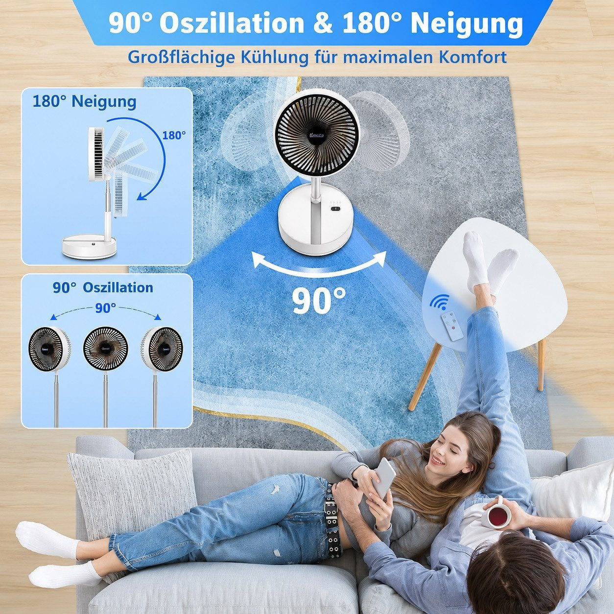 MOPUEA Akku-Standventilator Akku-Standventilator mit Fernbedienung, Tragbarer zusammenklappbarer, Höhenverstellbar, 4 Geschwindigkeitsstufen, mit Fernbedienung für Büro