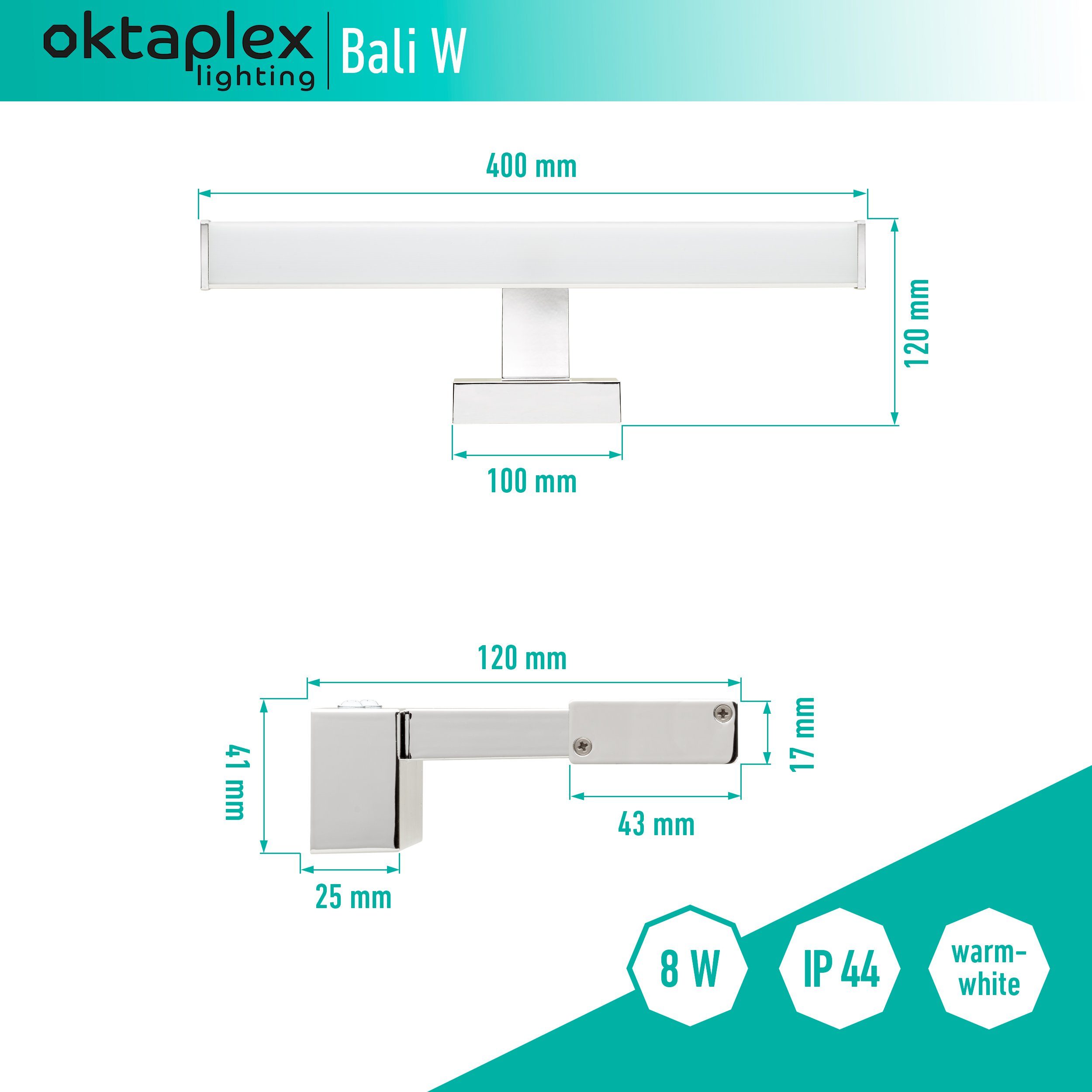 warmweiß, IP44 lighting 8W LED Oktaplex Spiegelleuchte Wandlampe verbaut, LED fest Spiegellampe 640lm Spiegellicht Silber 40cm, Bad / / 8W, Bali LED